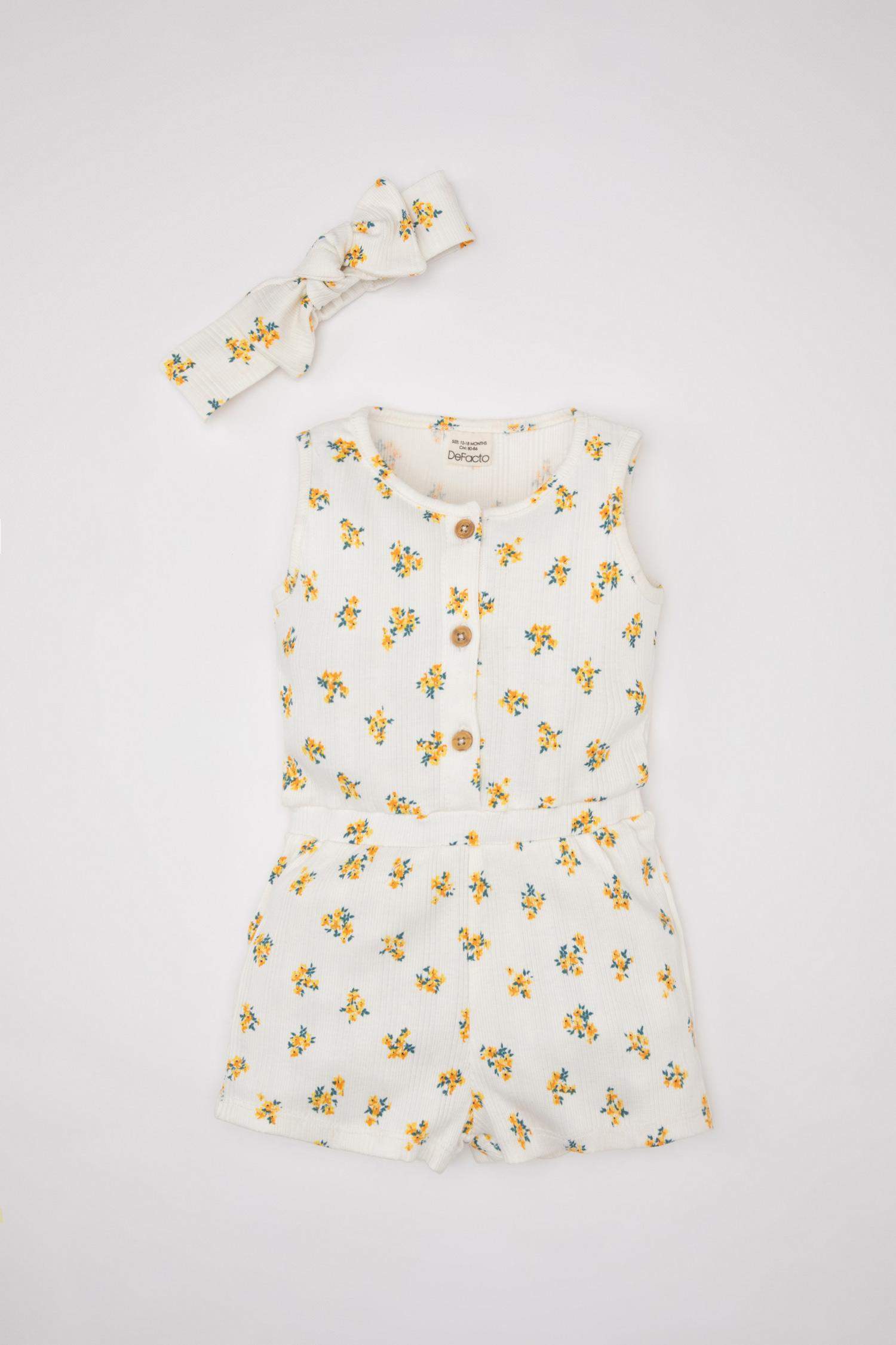 Kız Bebek 2'li Takım Çiçekli Fitilli Kaşkorse Kolsuz Tulum Saç Bandı