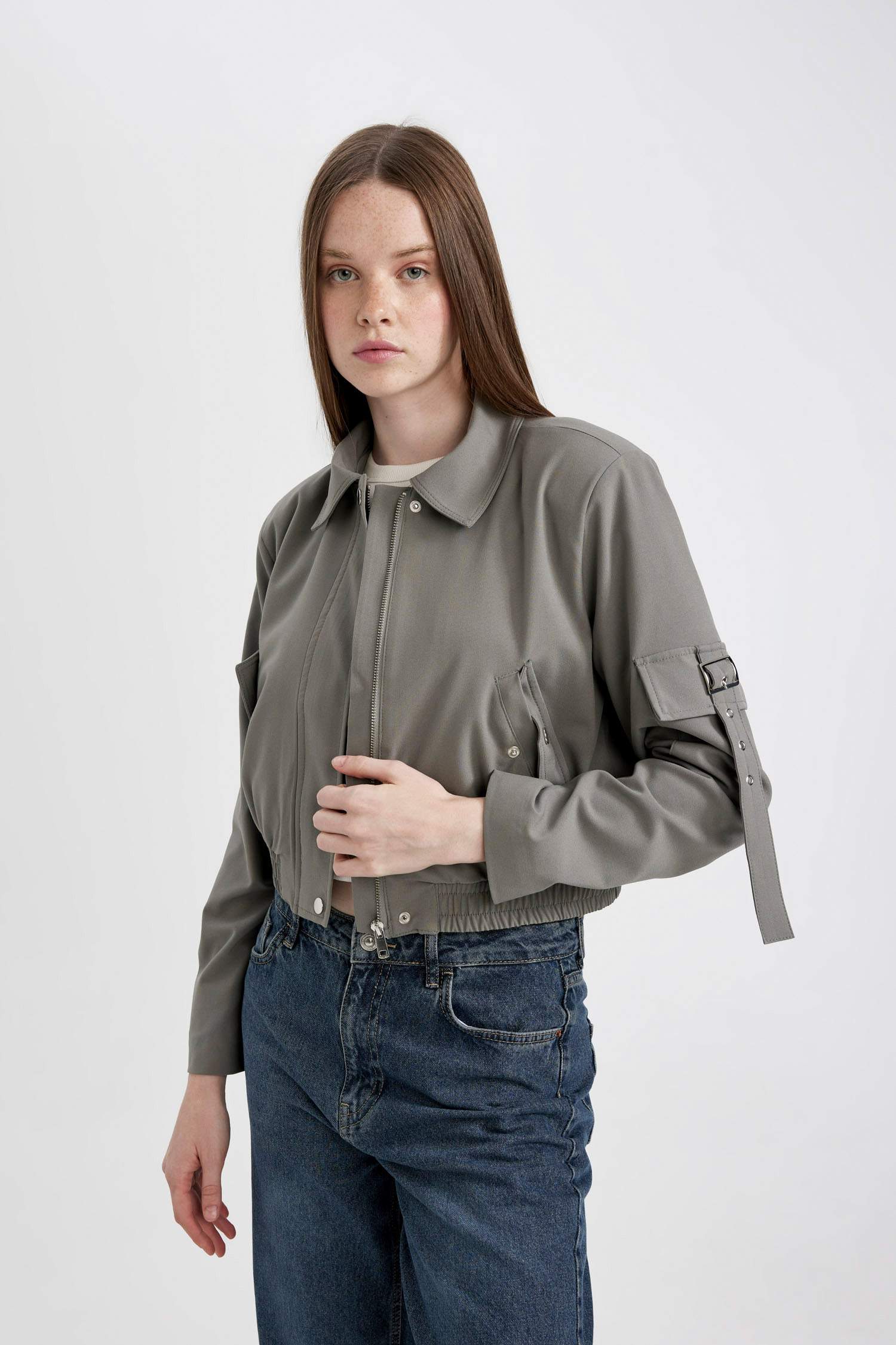 Polo Yaka Basic Düz Fermuarlı Cepli Bomber Ceket