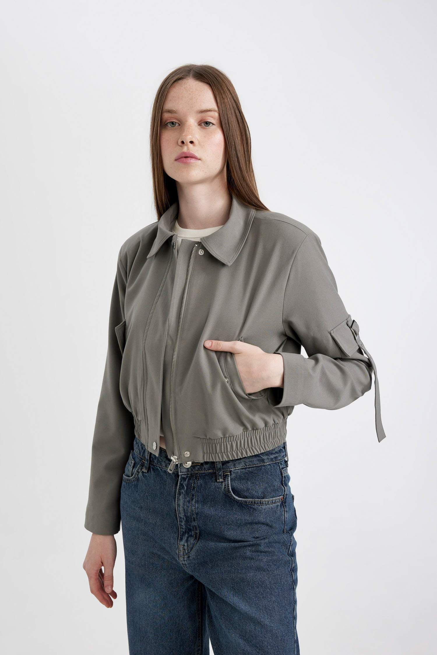 Polo Yaka Basic Düz Fermuarlı Cepli Bomber Ceket