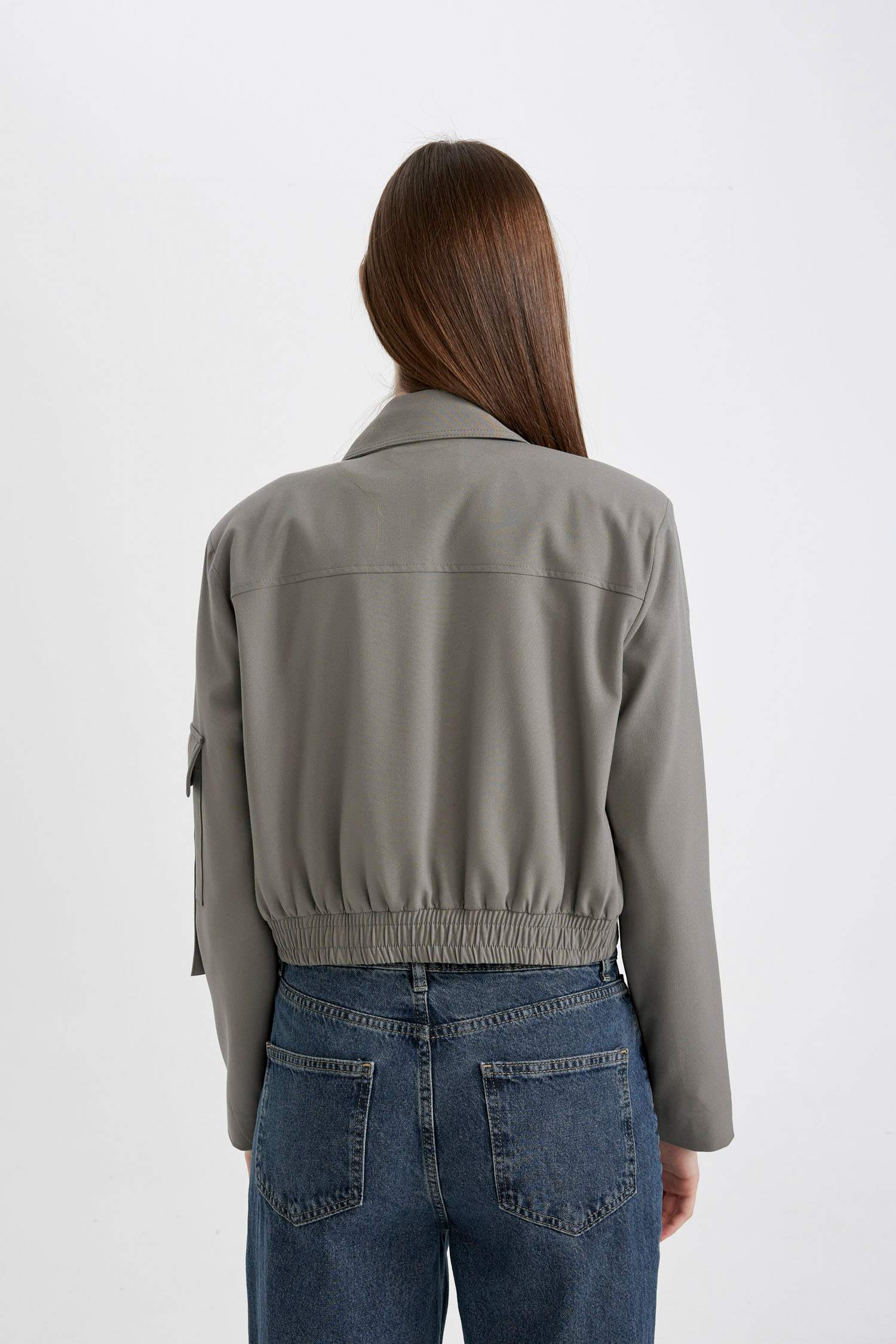 Polo Yaka Basic Düz Fermuarlı Cepli Bomber Ceket