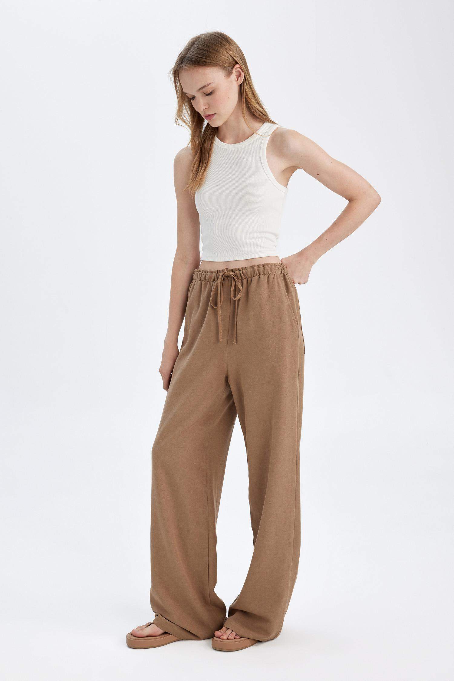 بنطرون من مزيج الكتان وايد ليج بثلاثة جيوب