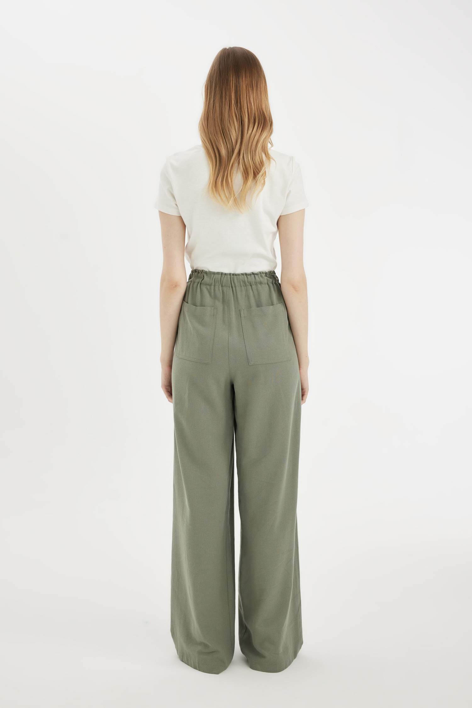 Keten Karışımlı Palazzo Pantolon Wide Leg Geniş Bol Paça Üç Cepli Normal Bel Basic Düz Standart Boy