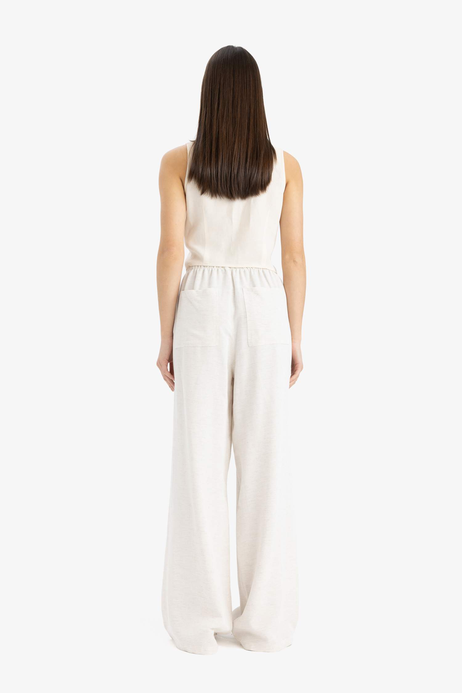 Keten Karışımlı Palazzo Pantolon Wide Leg Geniş Bol Paça Üç Cepli Normal Bel Basic Düz Standart Boy