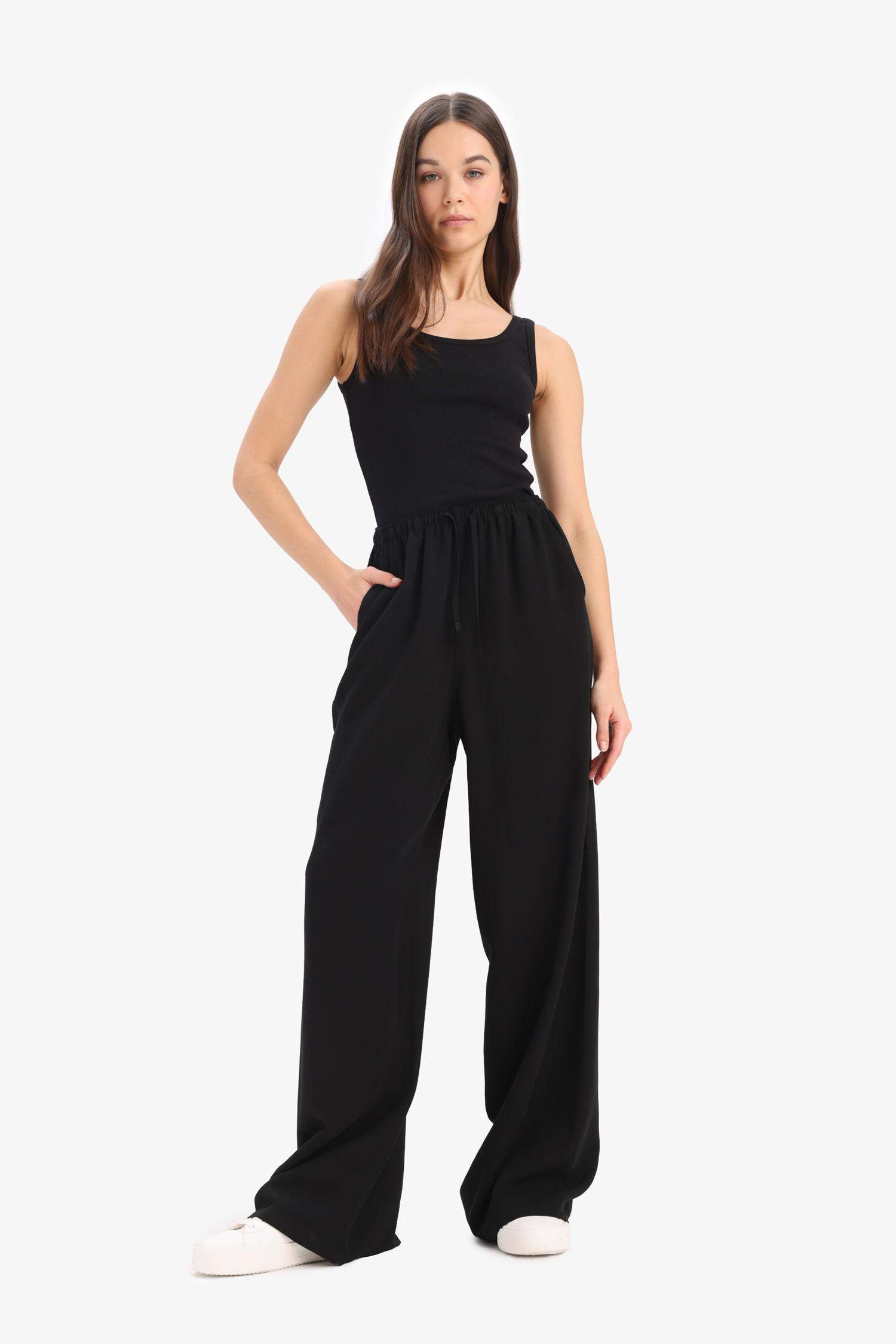 Keten Karışımlı Palazzo Pantolon Wide Leg Geniş Bol Paça Üç Cepli Normal Bel Basic Düz Standart Boy