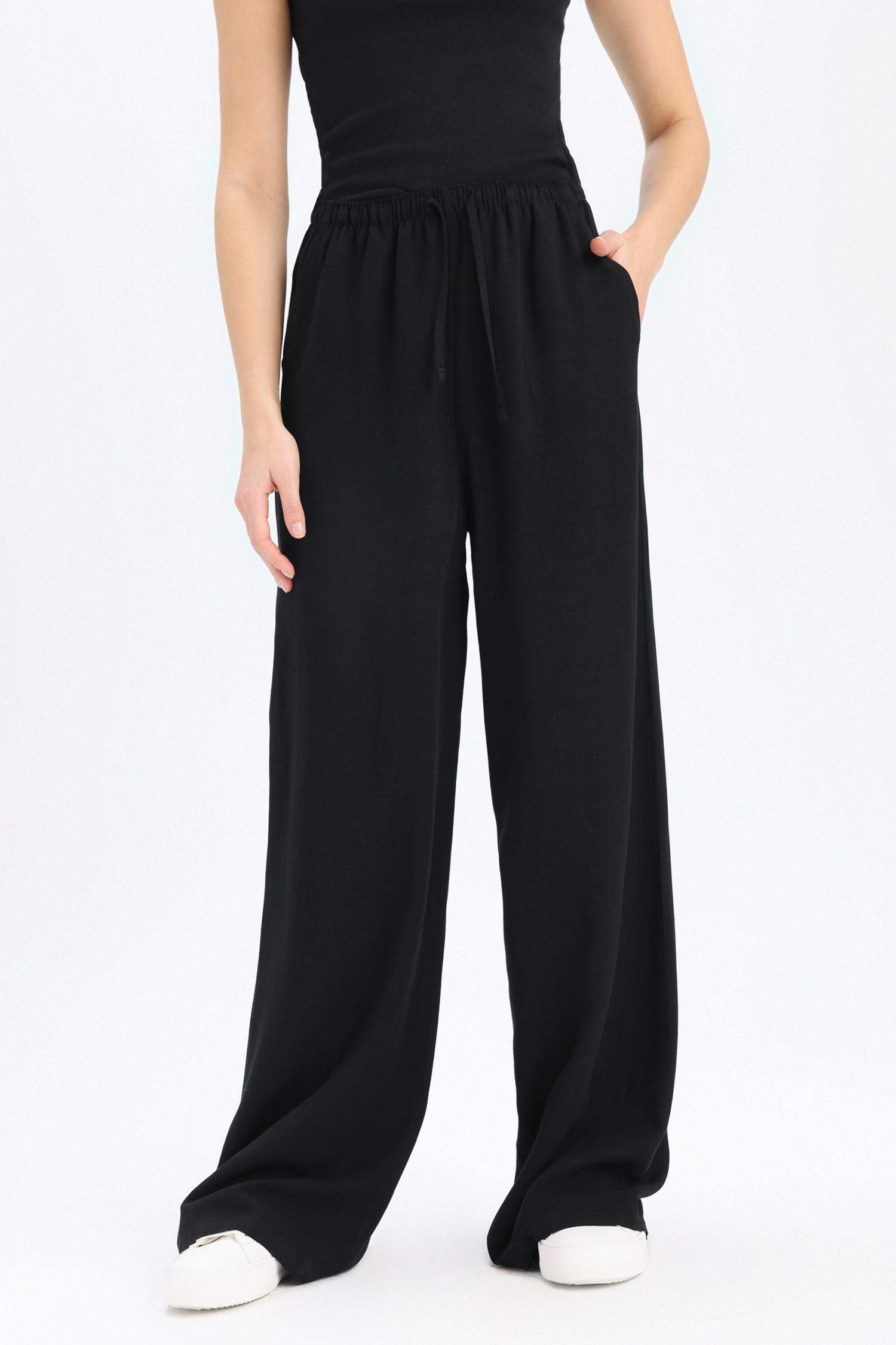 Keten Karışımlı Palazzo Pantolon Wide Leg Geniş Bol Paça Üç Cepli Normal Bel Basic Düz Standart Boy