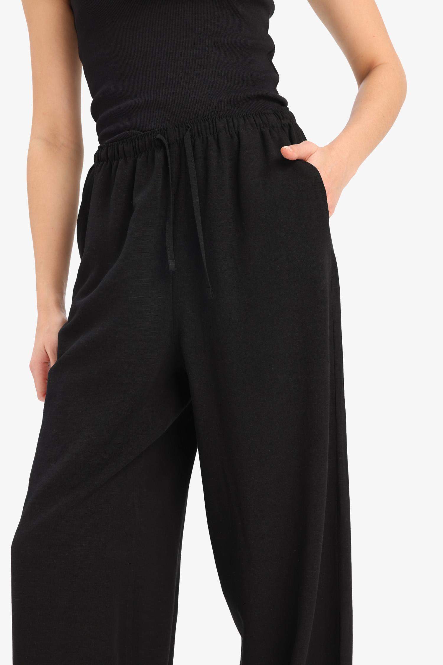 Keten Karışımlı Palazzo Pantolon Wide Leg Geniş Bol Paça Üç Cepli Normal Bel Basic Düz Standart Boy