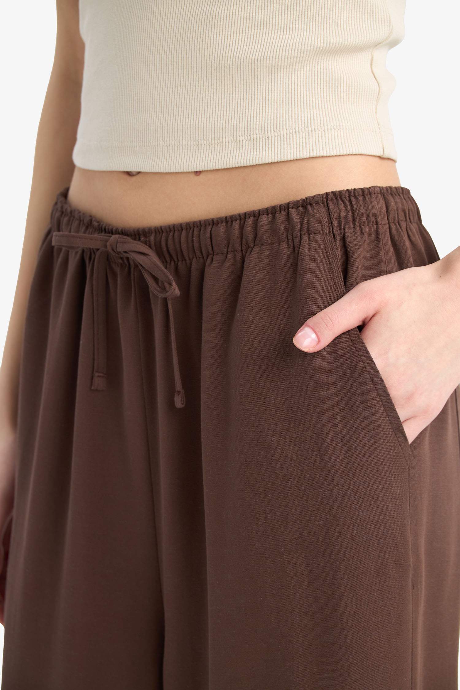 Keten Karışımlı Palazzo Pantolon Wide Leg Geniş Bol Paça Üç Cepli Normal Bel Basic Düz Standart Boy