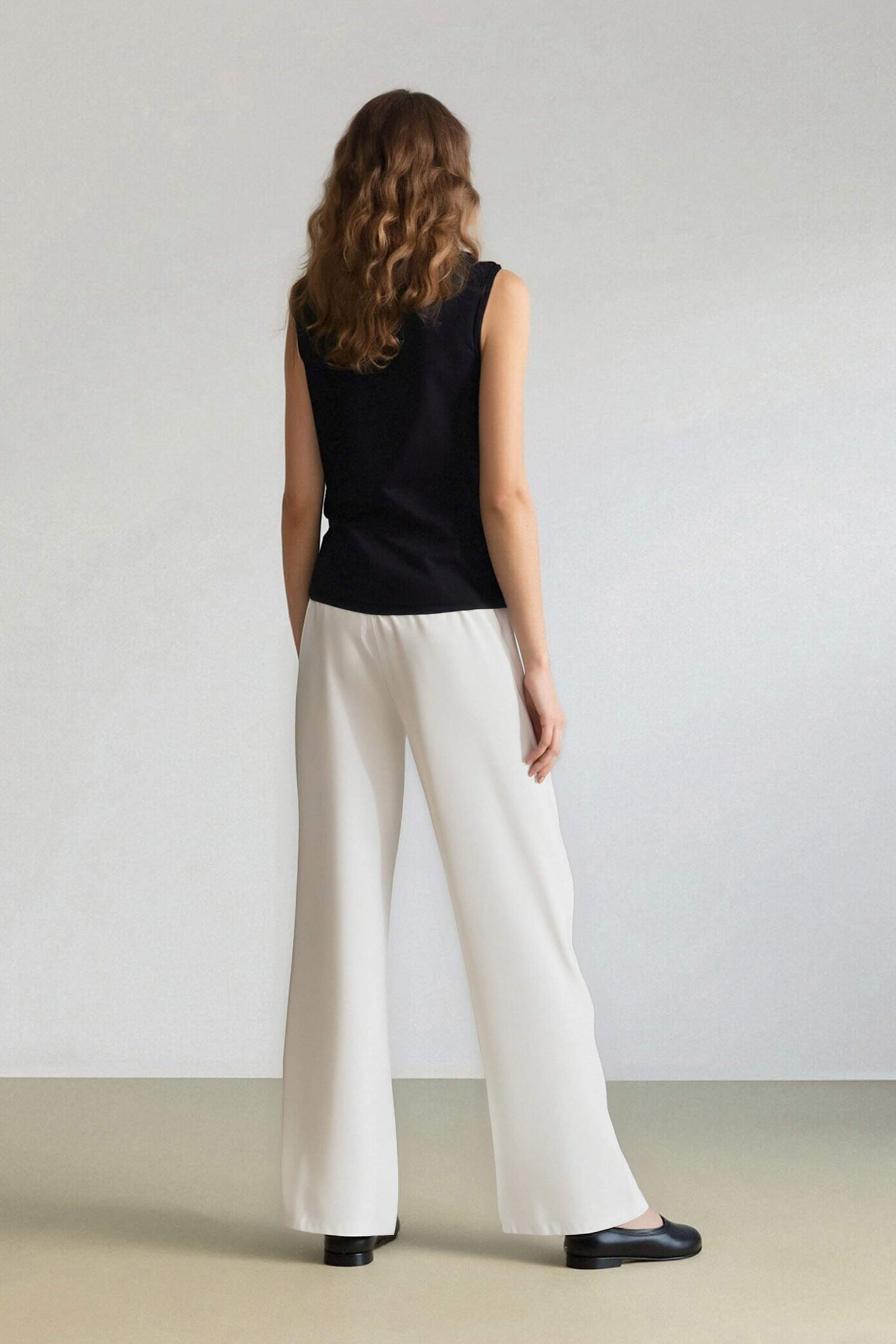 Keten Karışımlı Palazzo Pantolon Wide Leg Geniş Bol Paça Üç Cepli Normal Bel Basic Düz Standart Boy