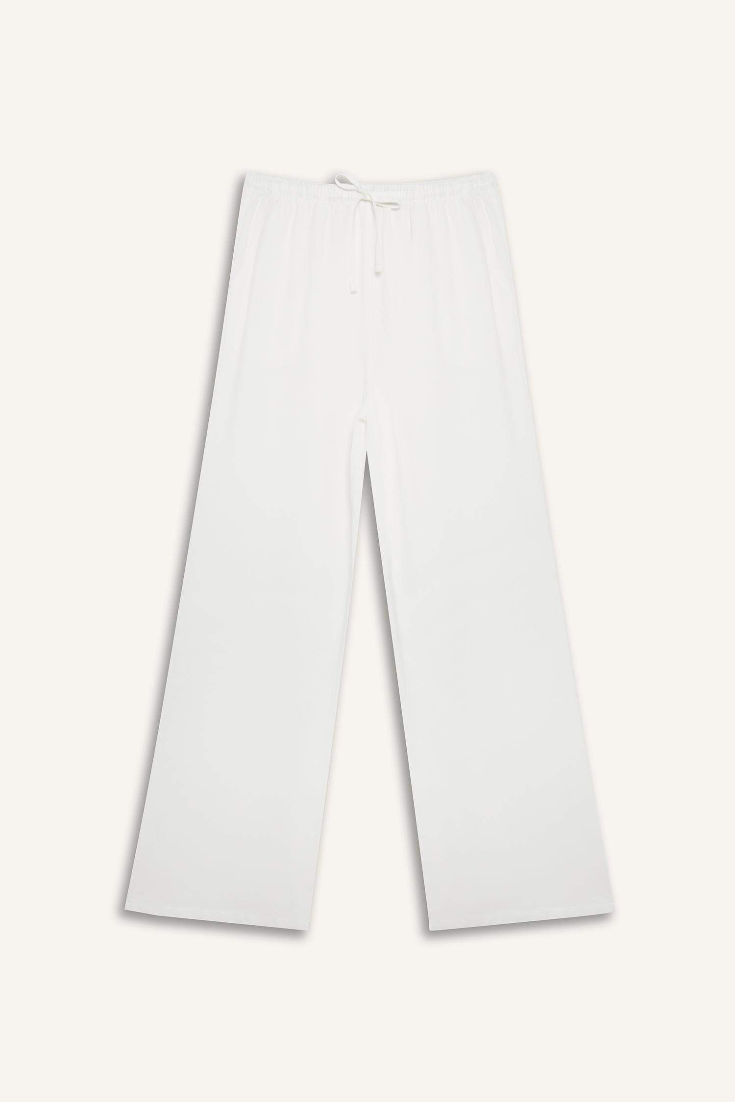 Keten Karışımlı Palazzo Pantolon Wide Leg Geniş Bol Paça Üç Cepli Normal Bel Basic Düz Standart Boy