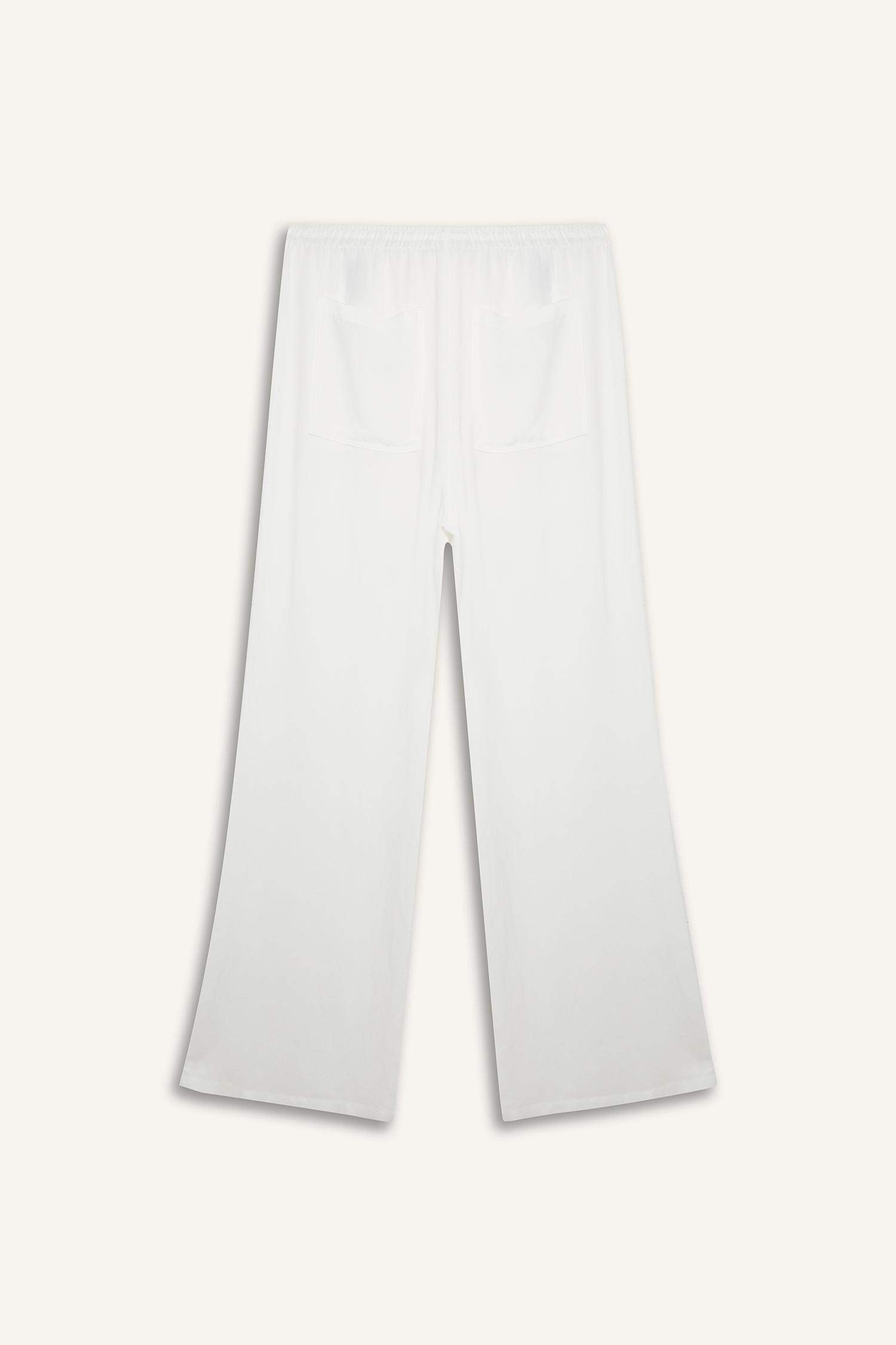 Keten Karışımlı Palazzo Pantolon Wide Leg Geniş Bol Paça Üç Cepli Normal Bel Basic Düz Standart Boy