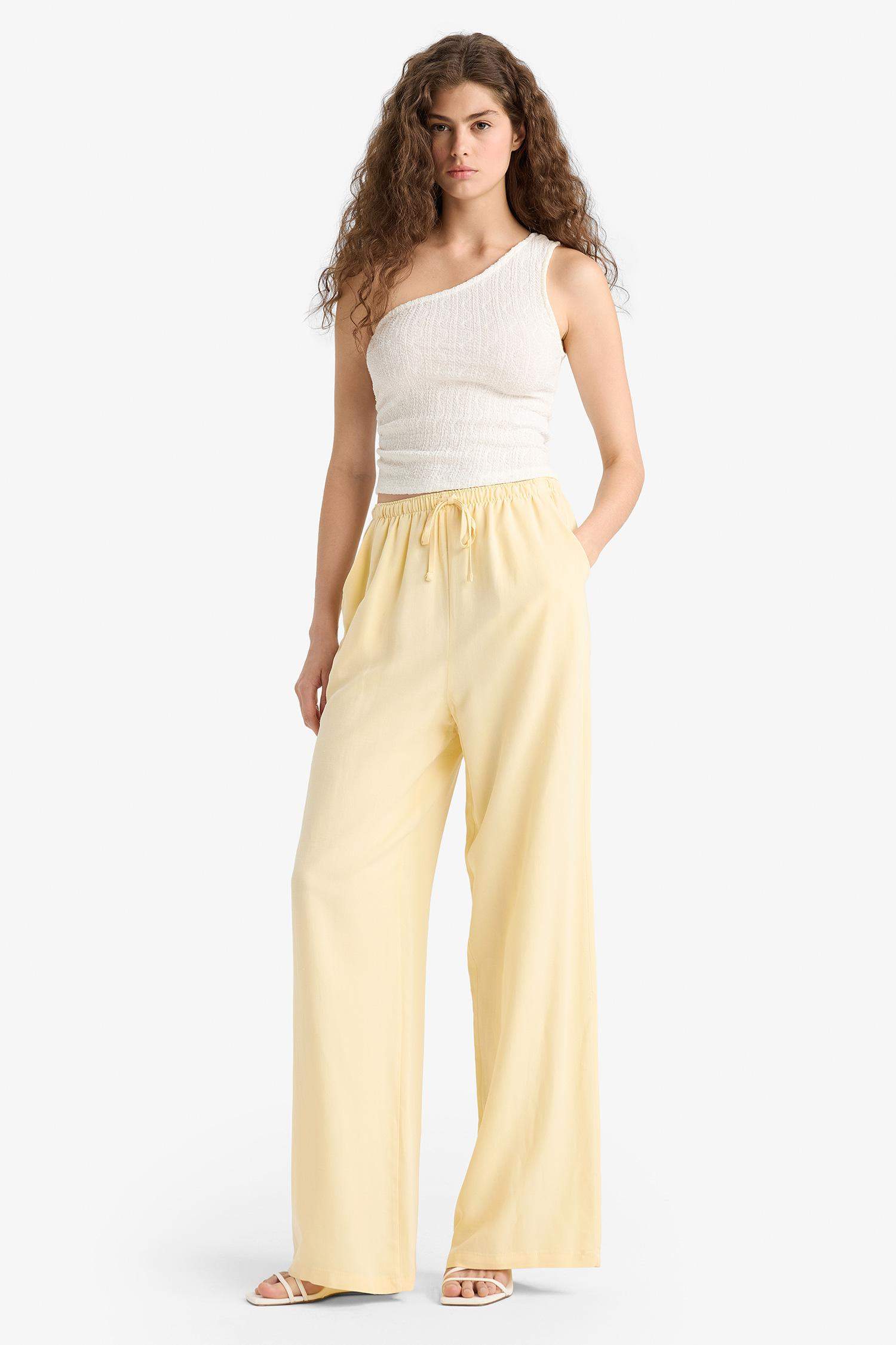 Keten Karışımlı Pantolon Wide Leg Geniş Bol Paça Üç Cepli Normal Bel Basic Düz Standart Boy