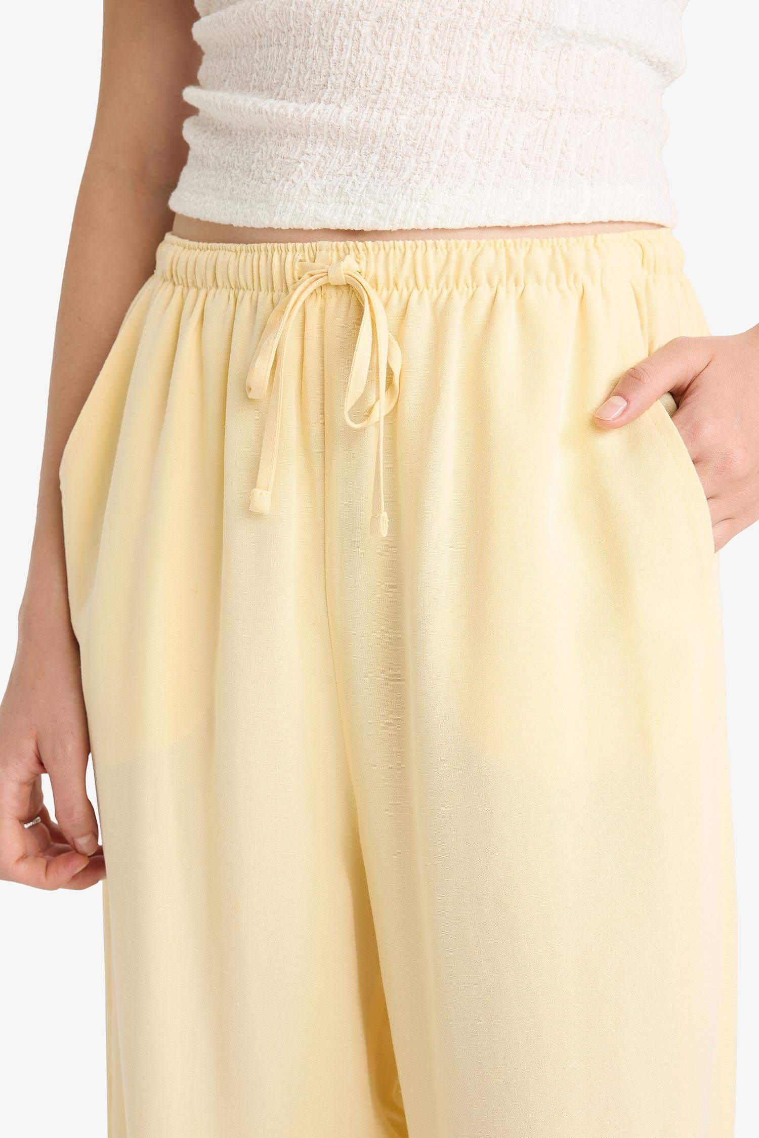 Keten Karışımlı Pantolon Wide Leg Geniş Bol Paça Üç Cepli Normal Bel Basic Düz Standart Boy