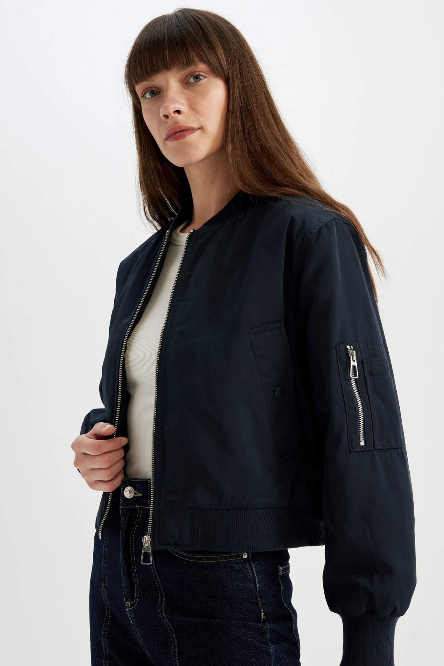 Su Geçirmez Kolej Yaka Düz Fermuarlı Cepli Bomber Ceket Mont