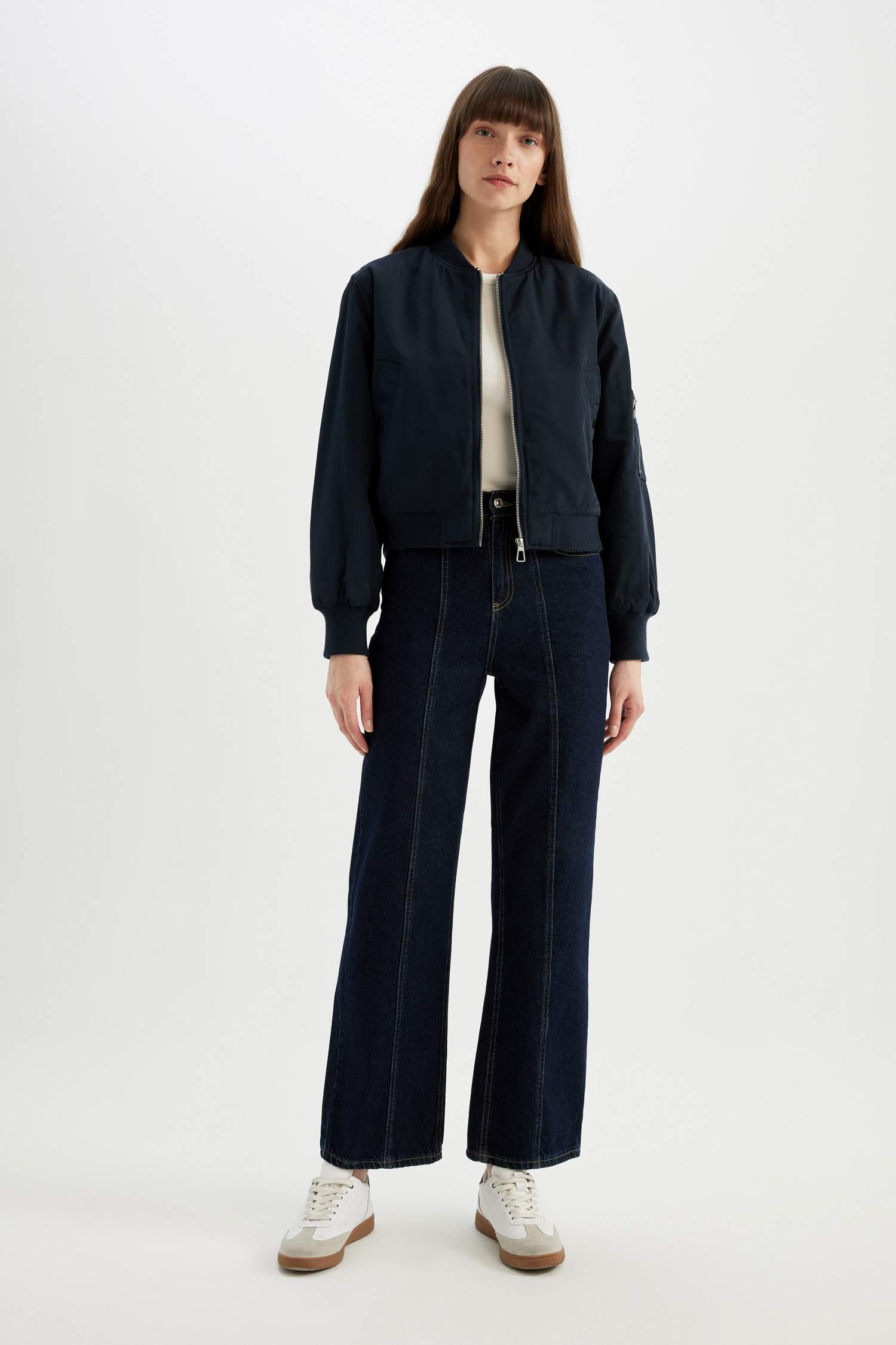 Su Geçirmez Kolej Yaka Düz Fermuarlı Cepli Bomber Ceket Mont