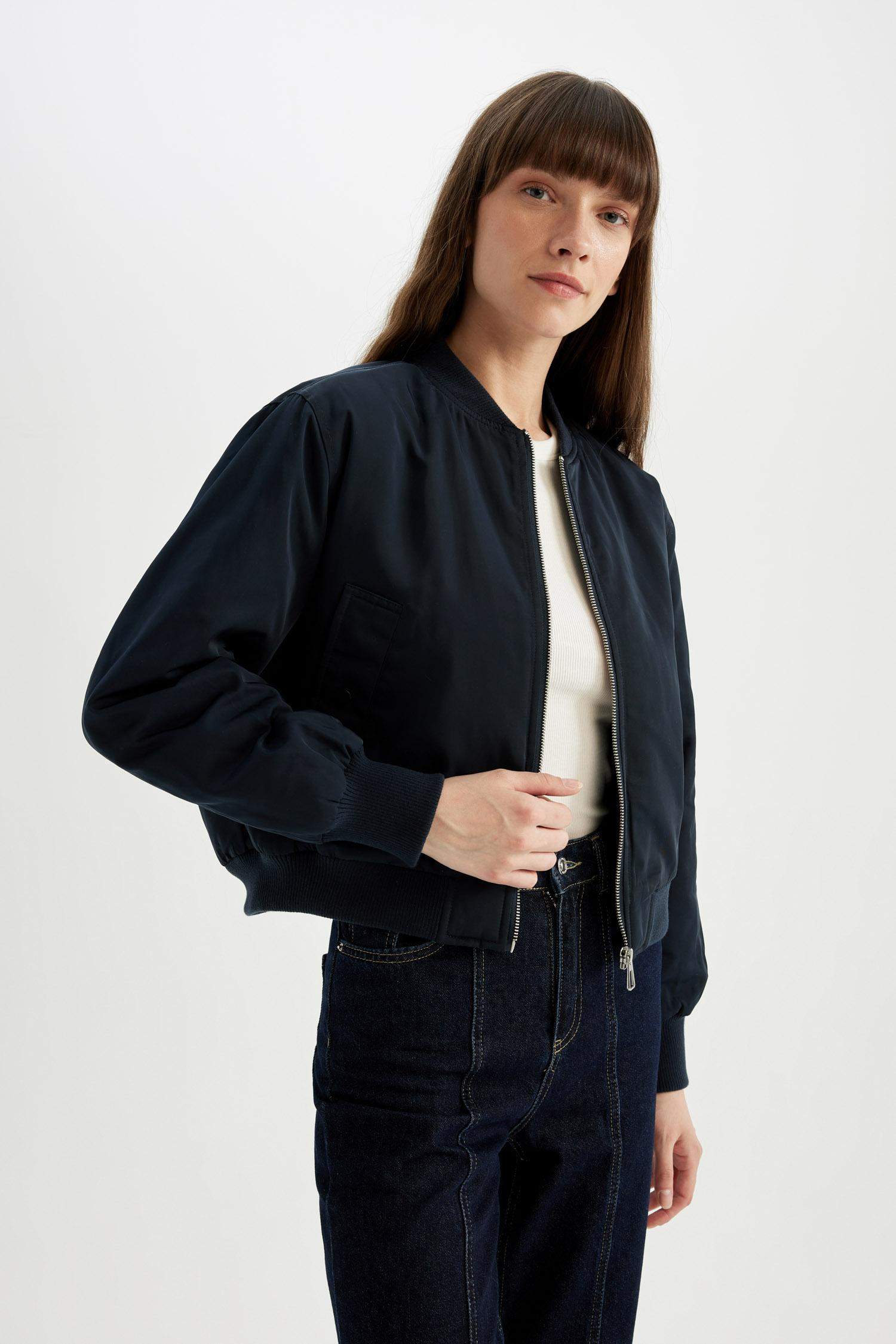 Su Geçirmez Kolej Yaka Düz Fermuarlı Cepli Bomber Ceket Mont