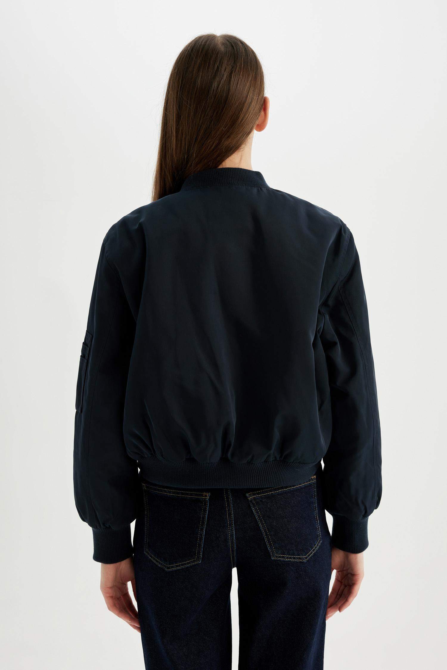 Su Geçirmez Kolej Yaka Düz Fermuarlı Cepli Bomber Ceket Mont