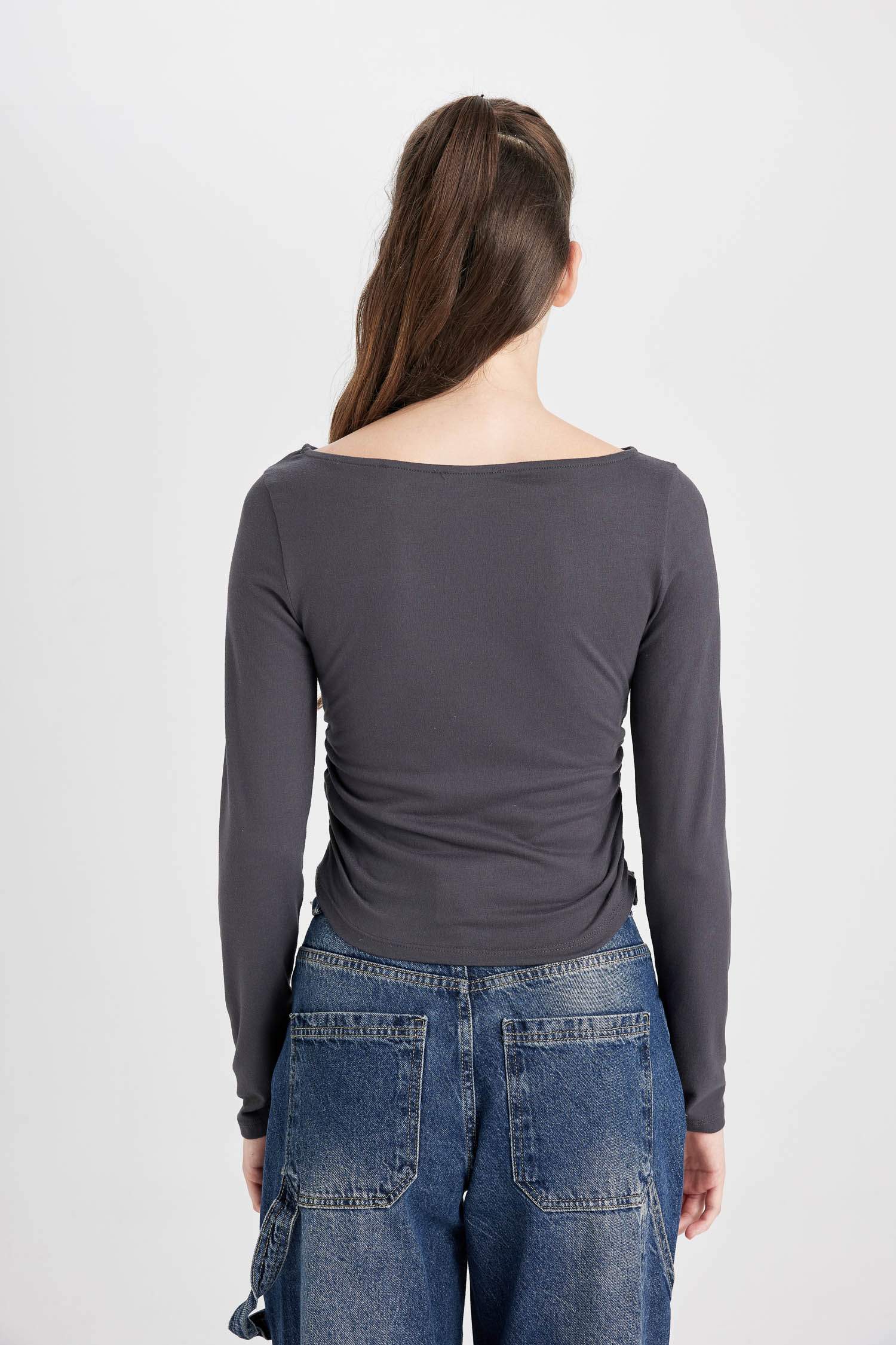 Fitted Boat Neck Basic Long Sleeve T-Shirt