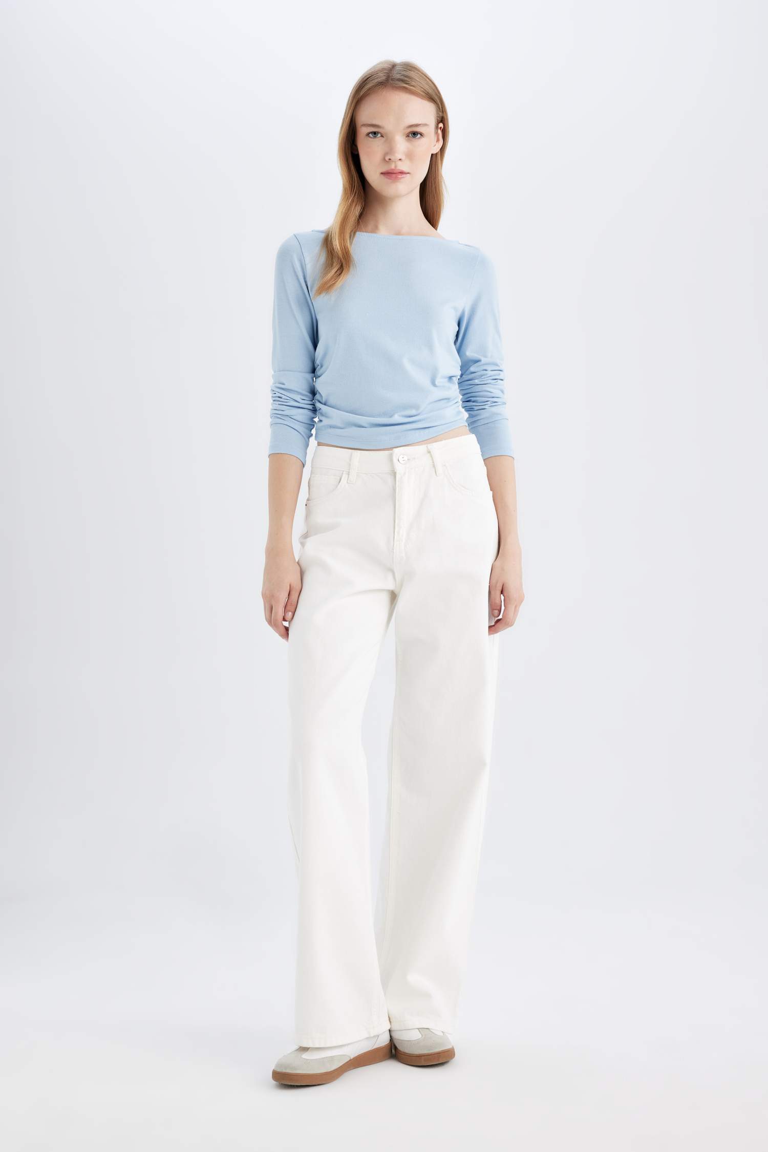 Fitted Boat Neck Basic Long Sleeve T-Shirt