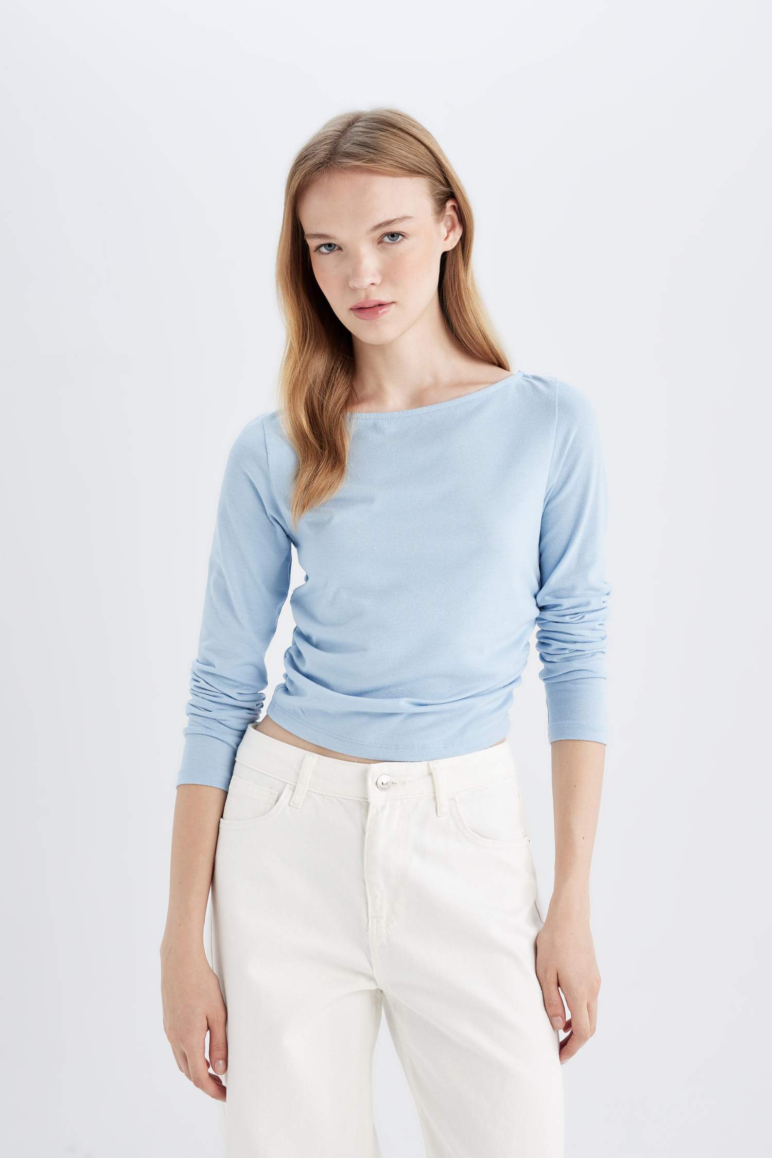 Fitted Boat Neck Basic Long Sleeve T-Shirt