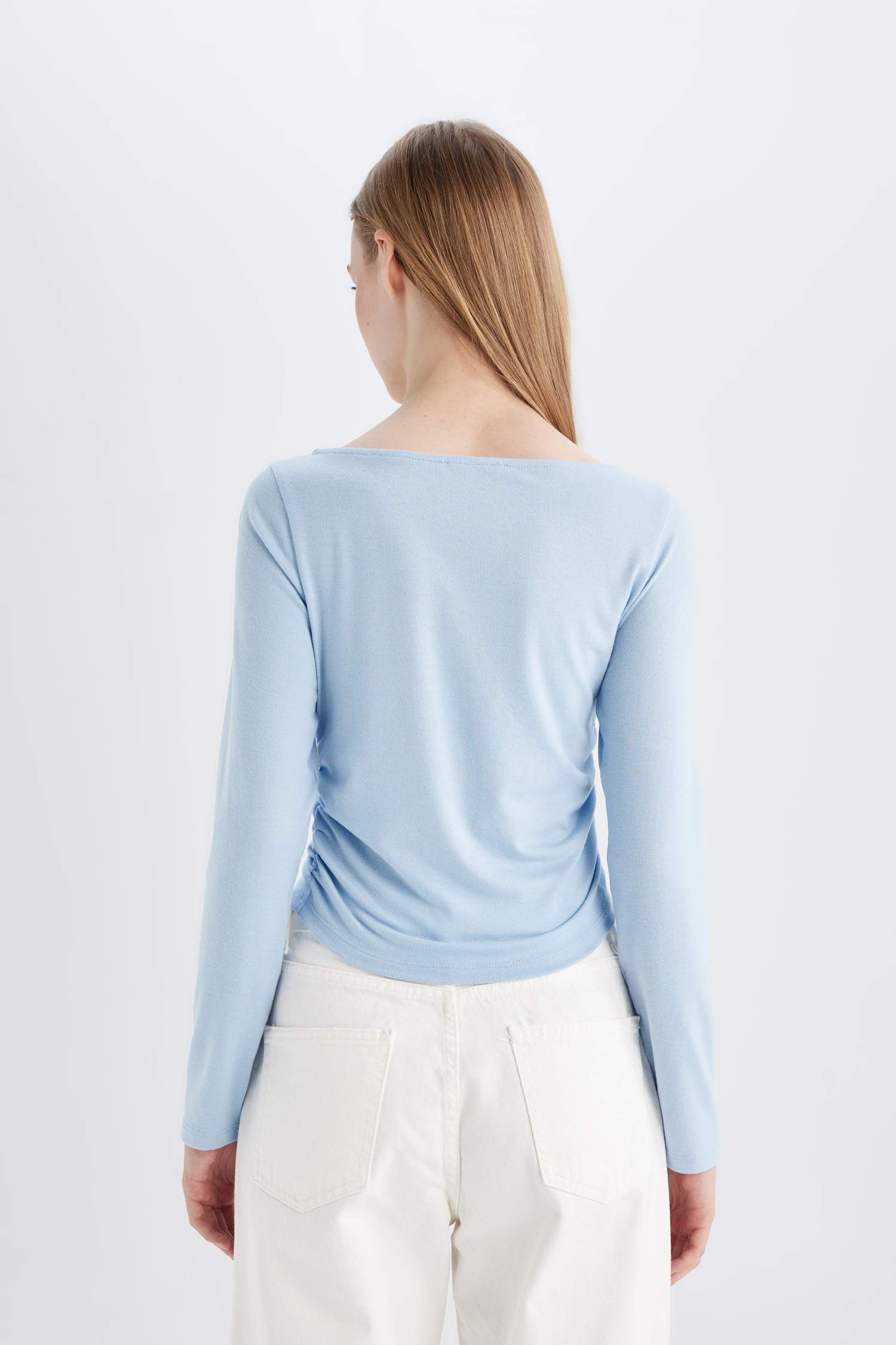 Fitted Boat Neck Basic Long Sleeve T-Shirt