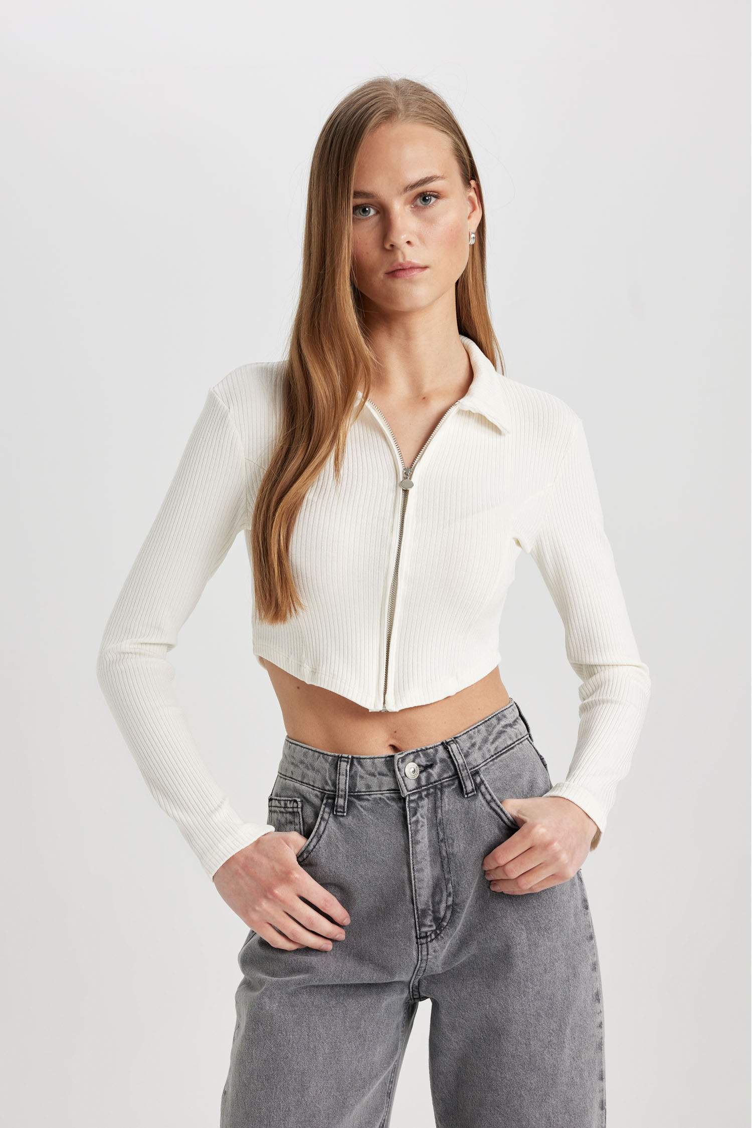 Fitted Polo Yaka Fitilli Kaşkorse Crop Fermuarlı Hırka