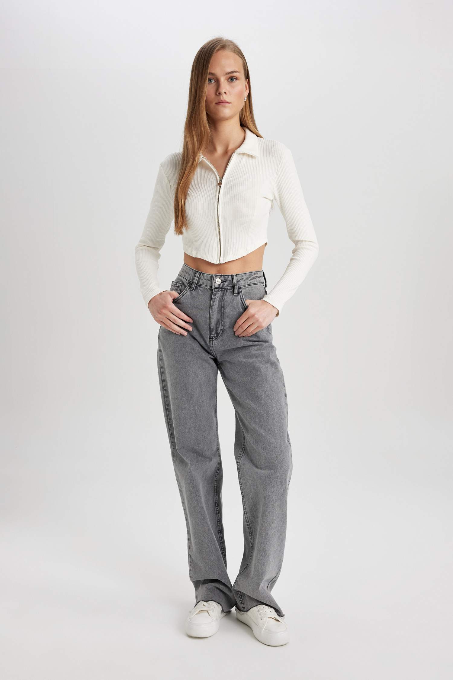 Fitted Polo Yaka Fitilli Kaşkorse Crop Fermuarlı Hırka