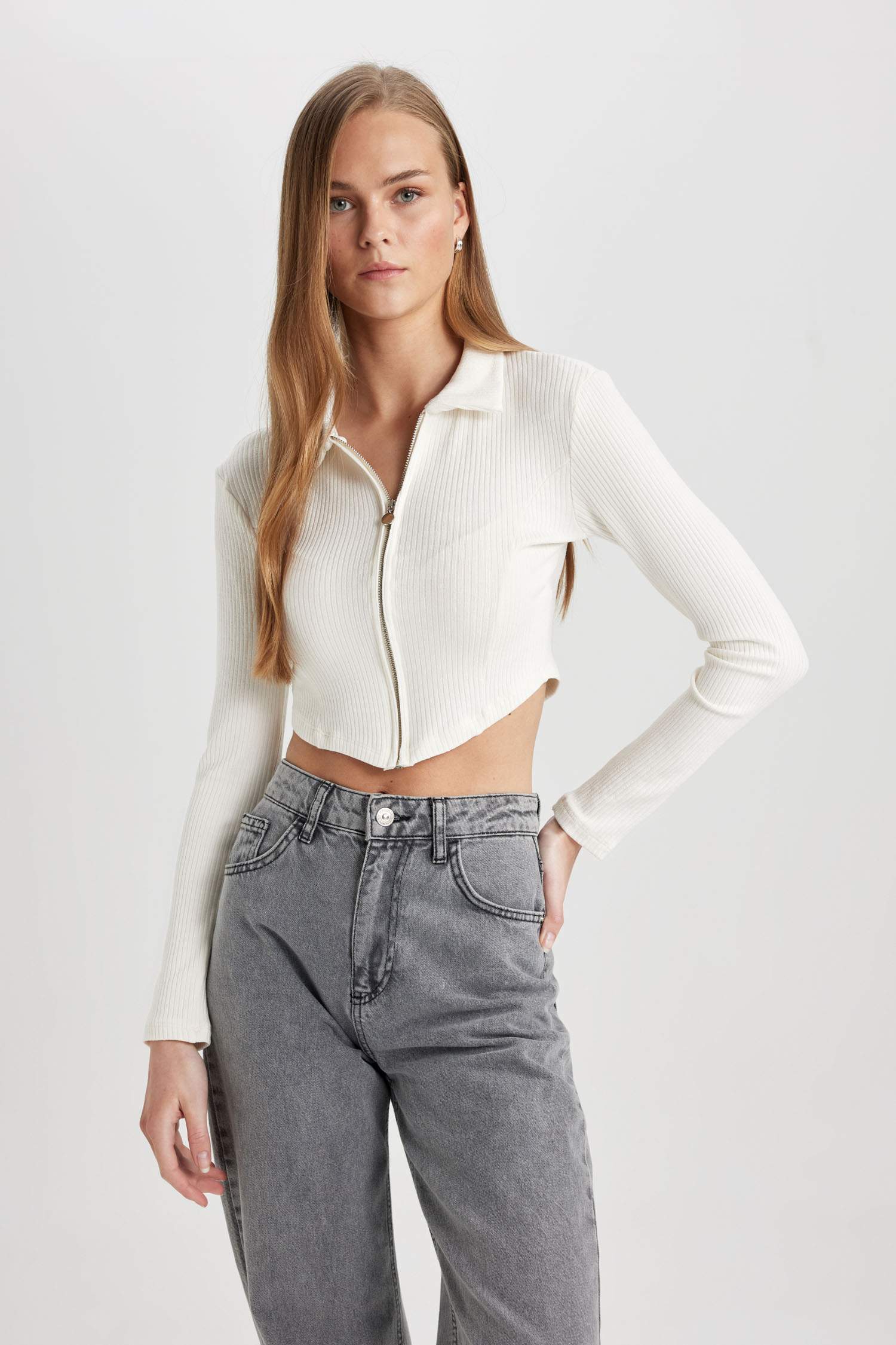 Fitted Polo Yaka Fitilli Kaşkorse Crop Fermuarlı Hırka