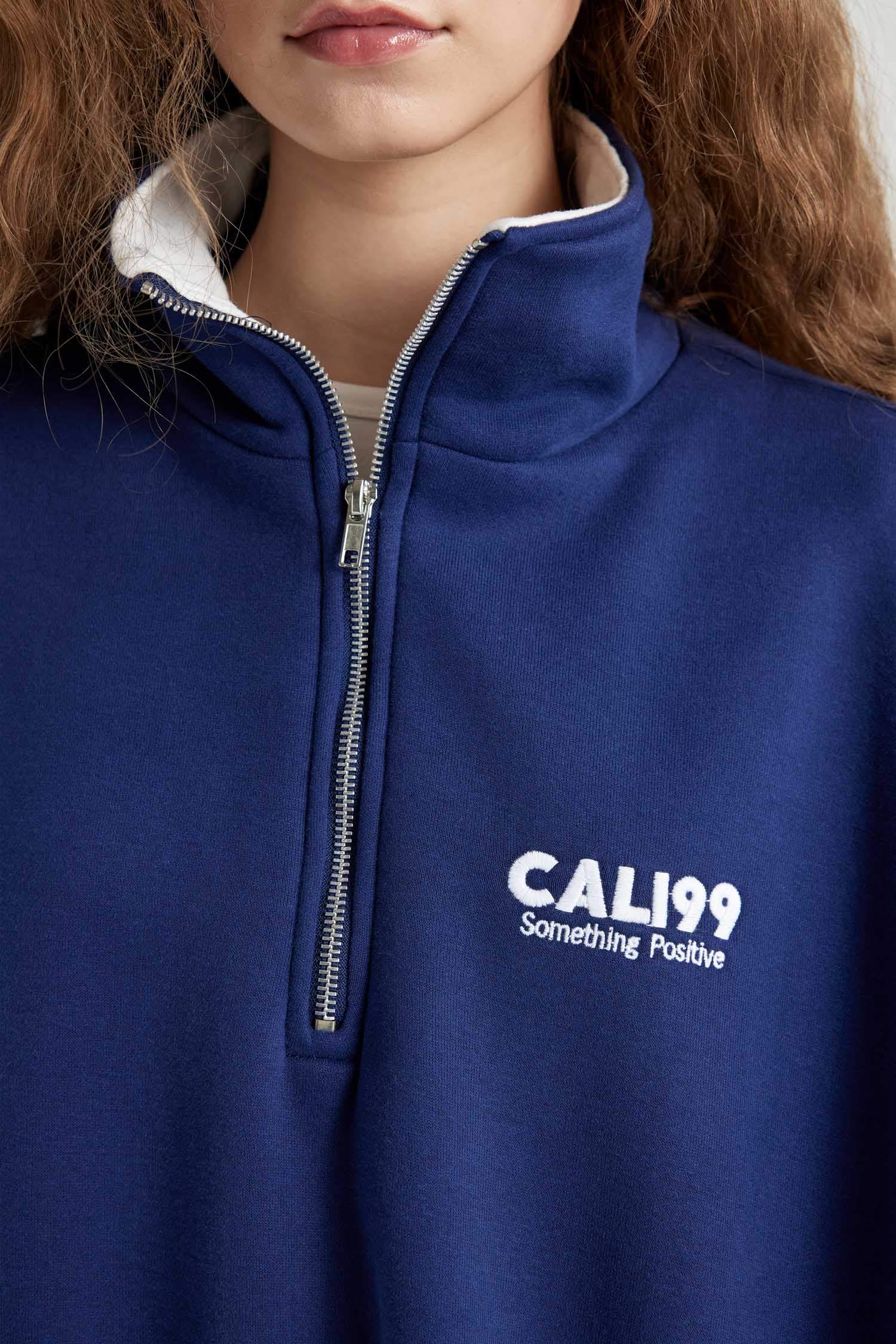 Oversize Geniş Kalıp Yarım Fermuarlı Nakışlı Kalın Sweatshirt