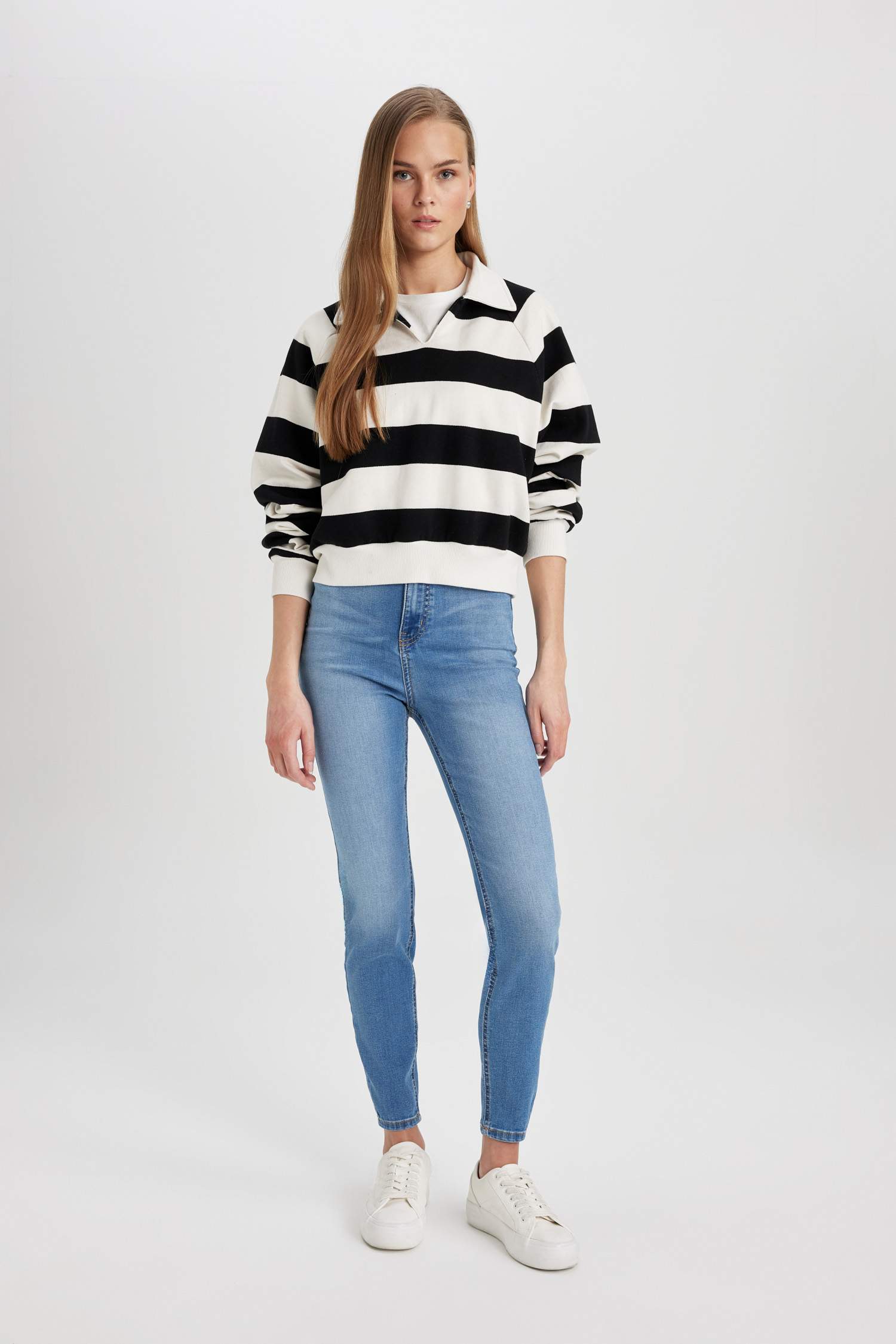 Crop Polo Yaka Çizgili Kalın Sweatshirt