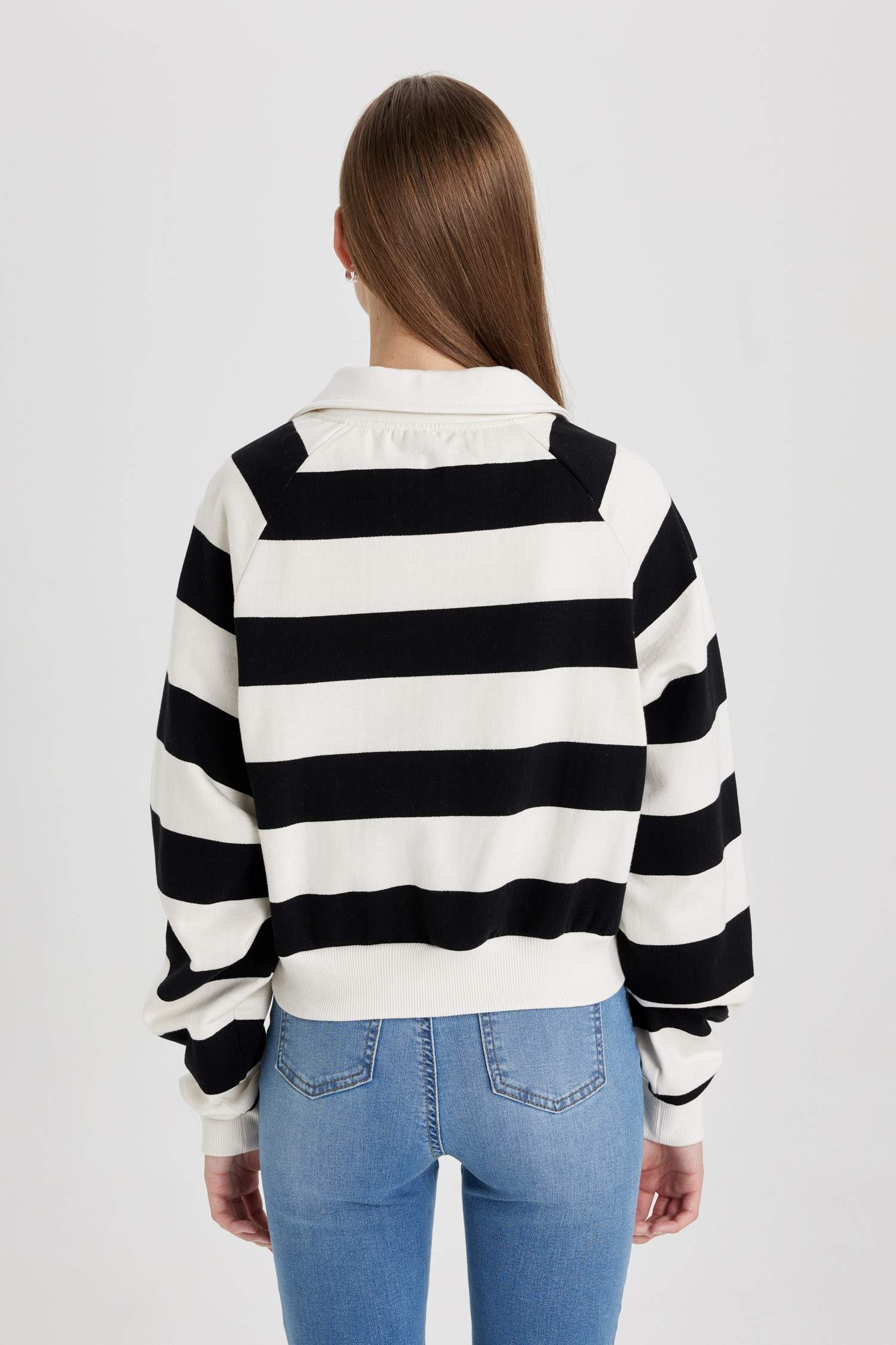 Crop Polo Yaka Çizgili Kalın Sweatshirt