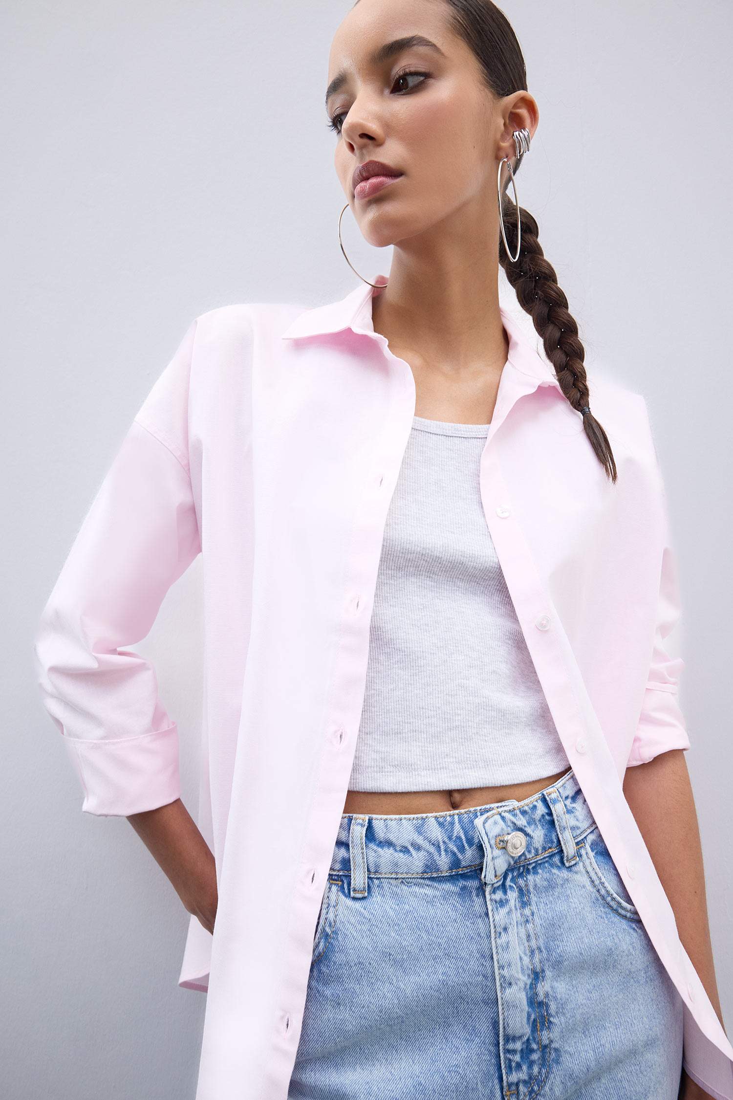 Oversize Geniş Kalıp Basic Düz Oxford Uzun Kollu Gömlek