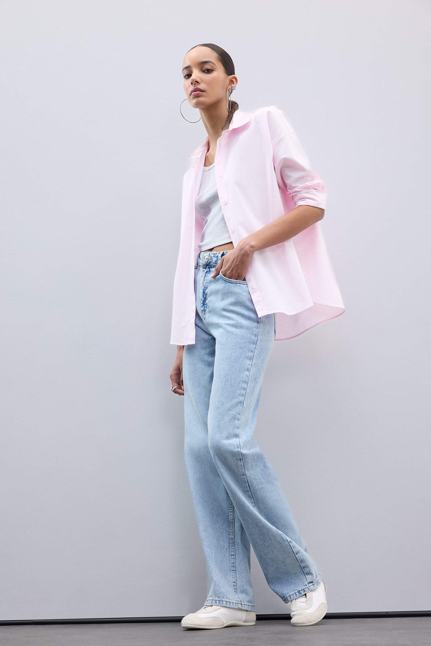 Oversize Geniş Kalıp Basic Düz Oxford Uzun Kollu Gömlek