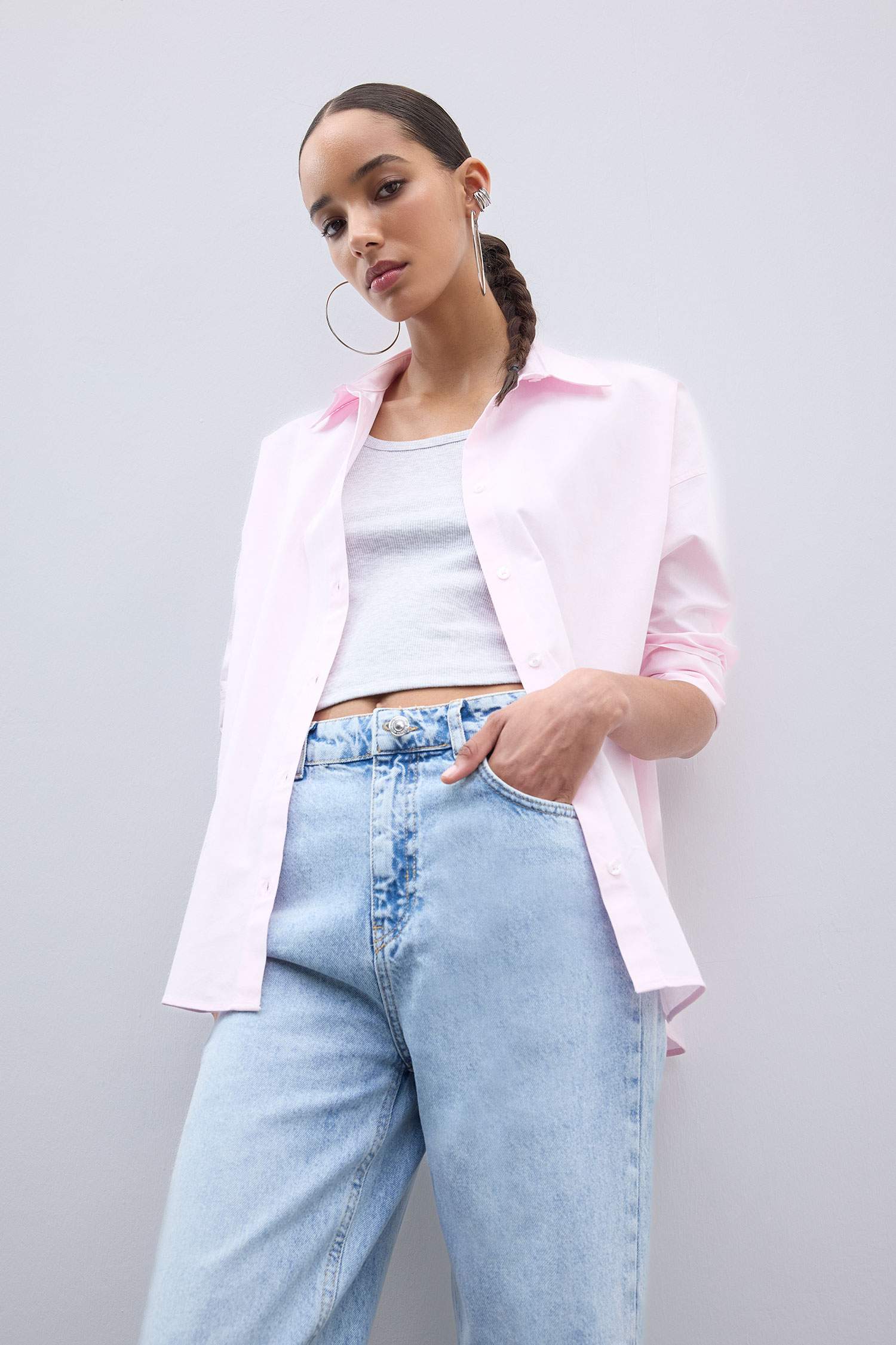 Oversize Geniş Kalıp Basic Düz Oxford Uzun Kollu Gömlek