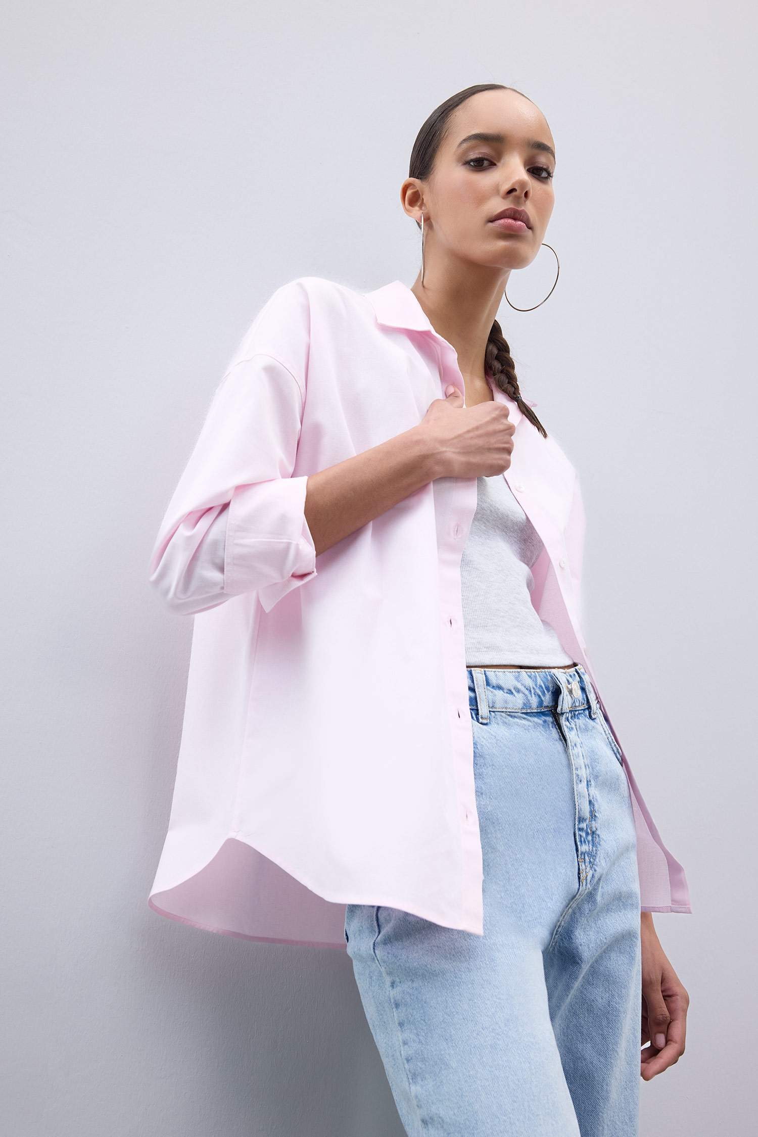 Oversize Geniş Kalıp Basic Düz Oxford Uzun Kollu Gömlek