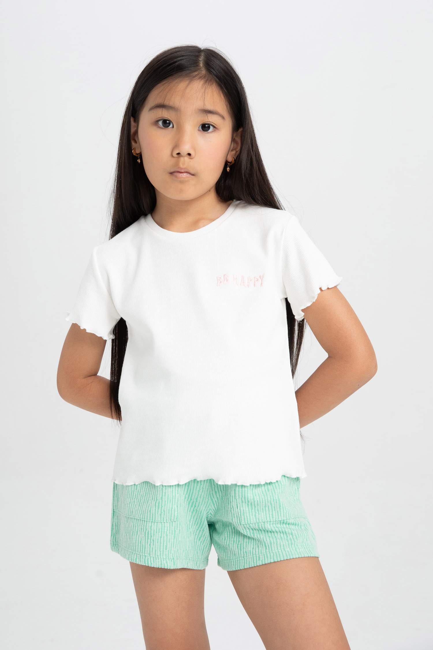 Kız Çocuk Slim Fit Dar Kesim Bisiklet Yaka Fitilli Kaşkorse Kısa Kollu Tişört