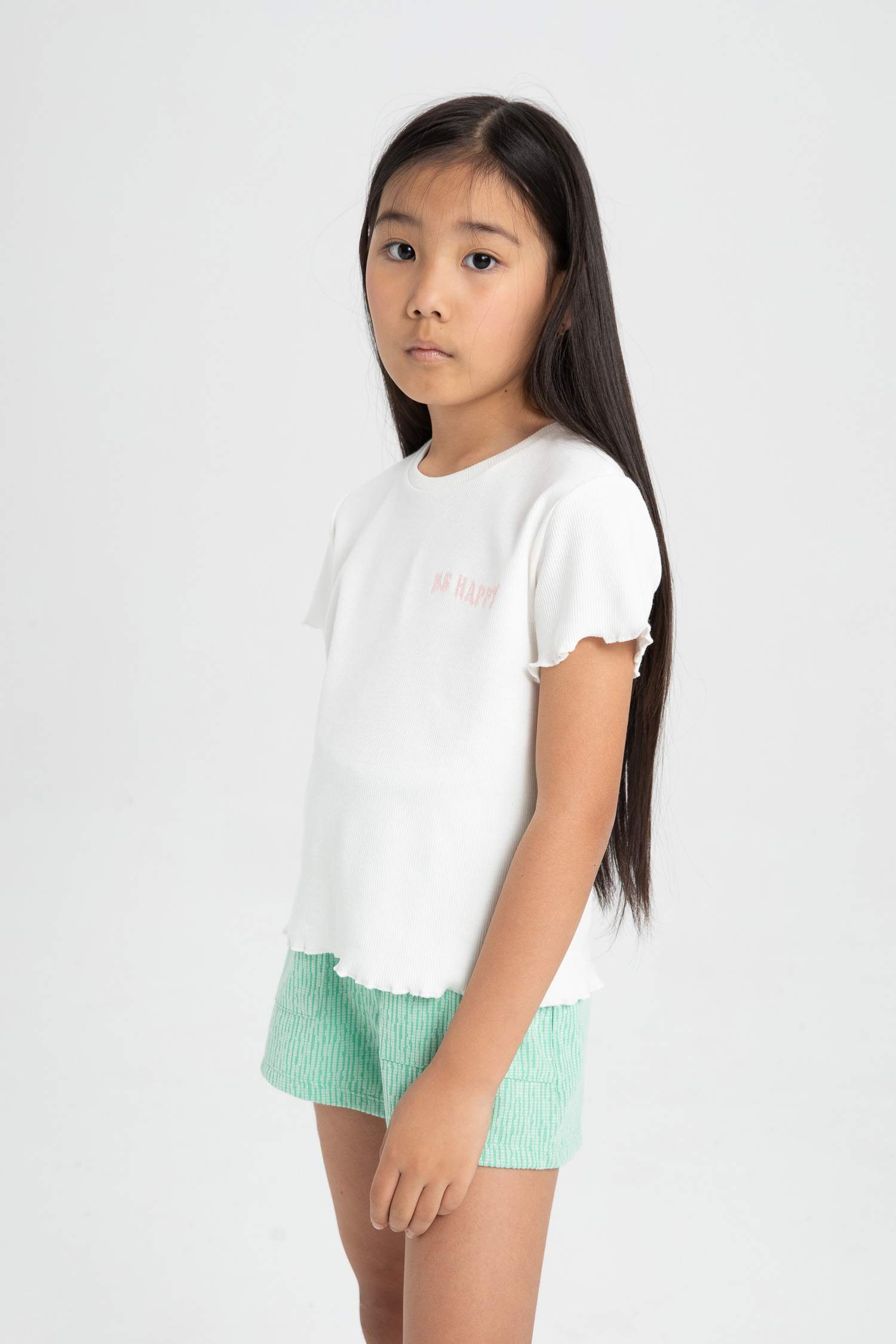 Kız Çocuk Slim Fit Dar Kesim Bisiklet Yaka Fitilli Kaşkorse Kısa Kollu Tişört