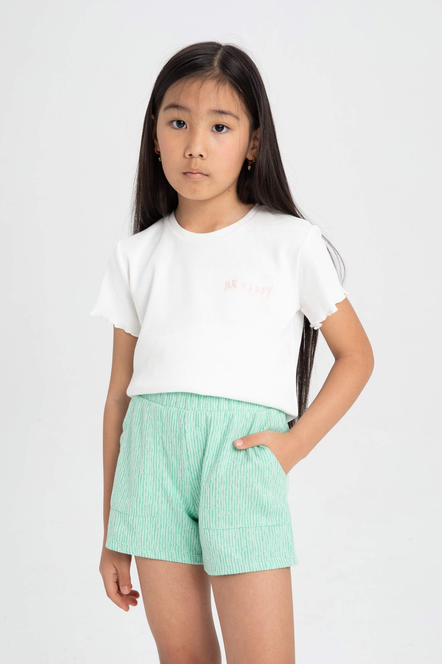 Kız Çocuk Slim Fit Dar Kesim Bisiklet Yaka Fitilli Kaşkorse Kısa Kollu Tişört