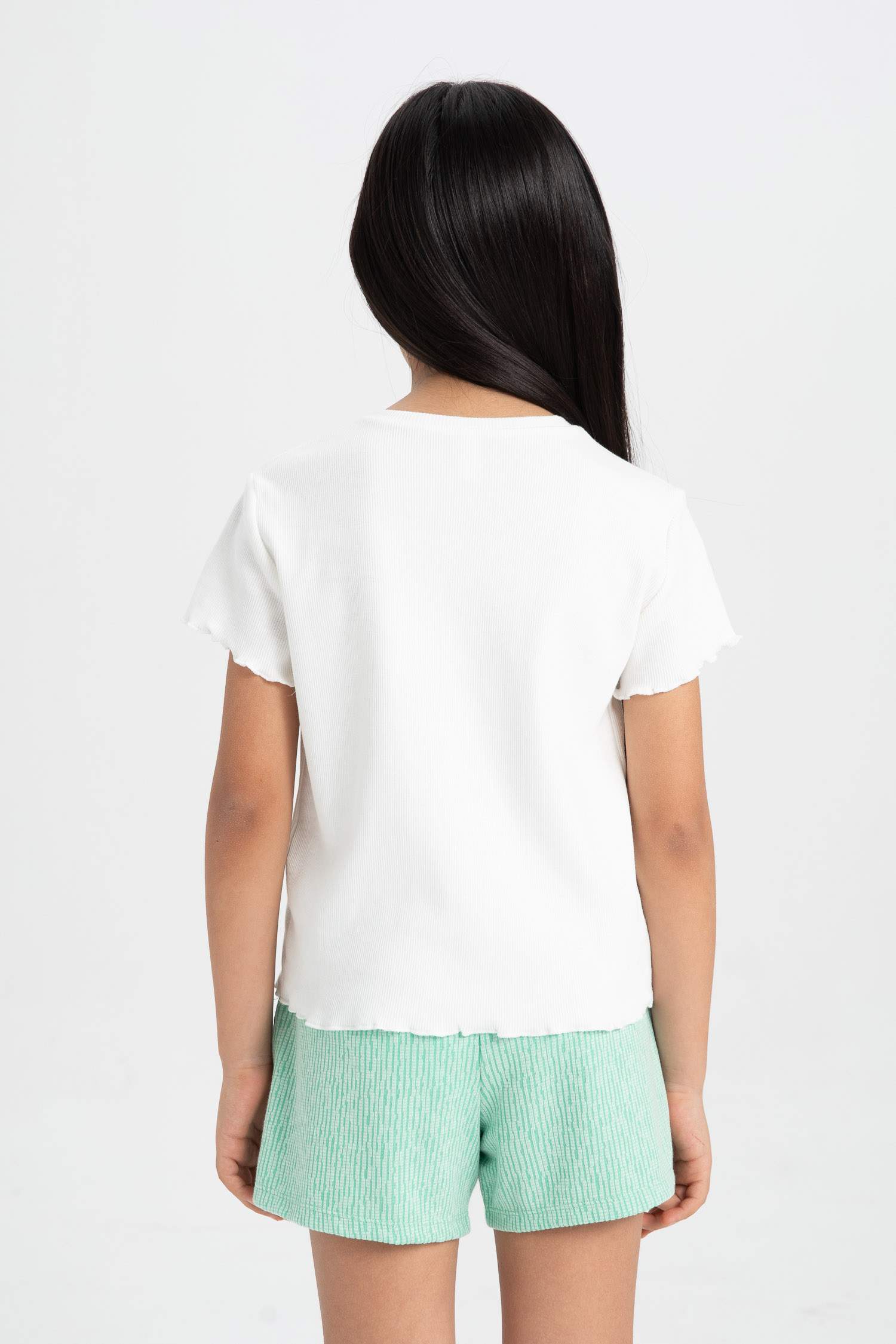 Kız Çocuk Slim Fit Dar Kesim Bisiklet Yaka Fitilli Kaşkorse Kısa Kollu Tişört