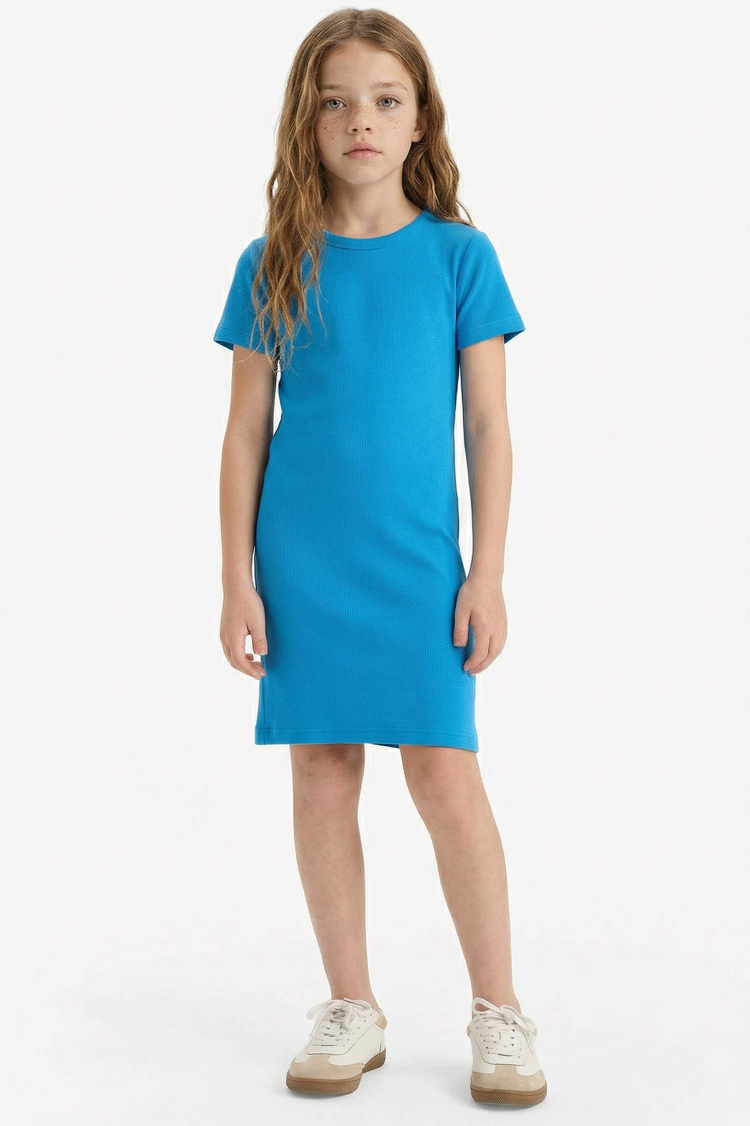 Girl Crew Neck Ribbed Camisole Short Sleeve Dress