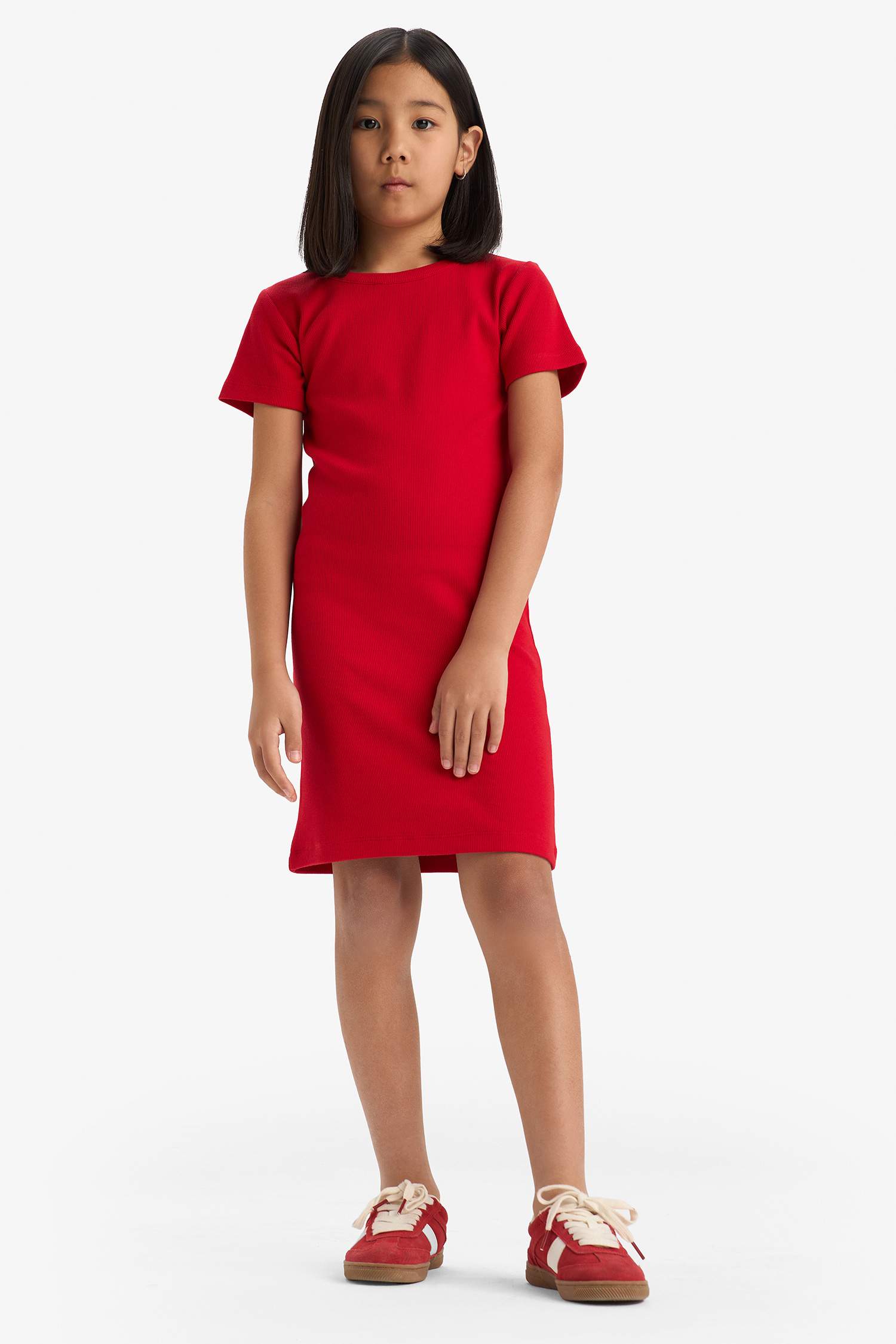 Girl Crew Neck Ribbed Camisole Short Sleeve Dress