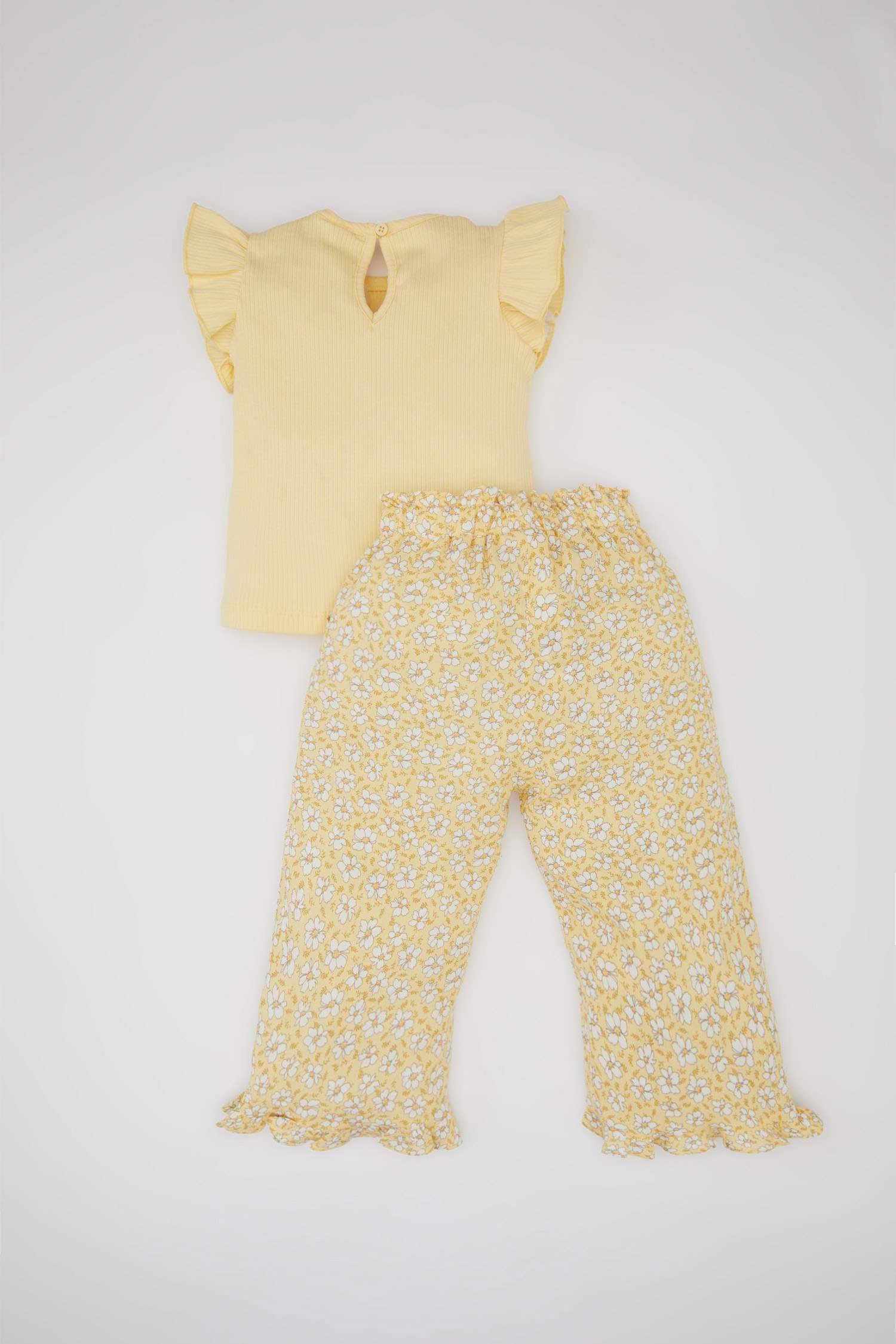 Kız Bebek 2'li Takım Çiçekli Krinkıl Viskon Kısa Kollu Tişört Pantolon