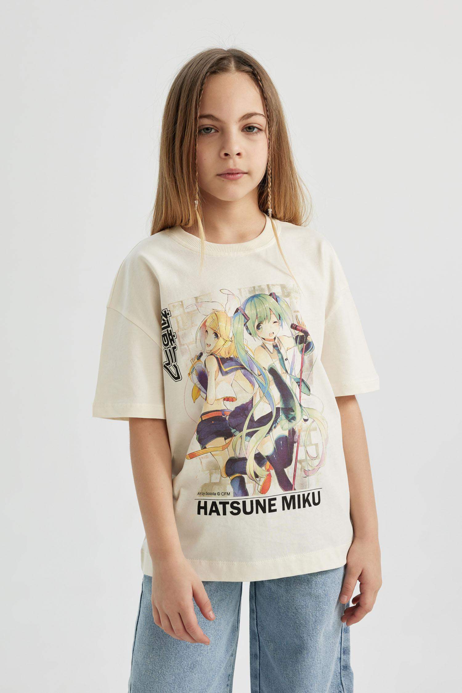 Kız Çocuk Hatsune Miku Oversize Geniş Kalıp Bisiklet Yaka Kısa Kollu Tişört