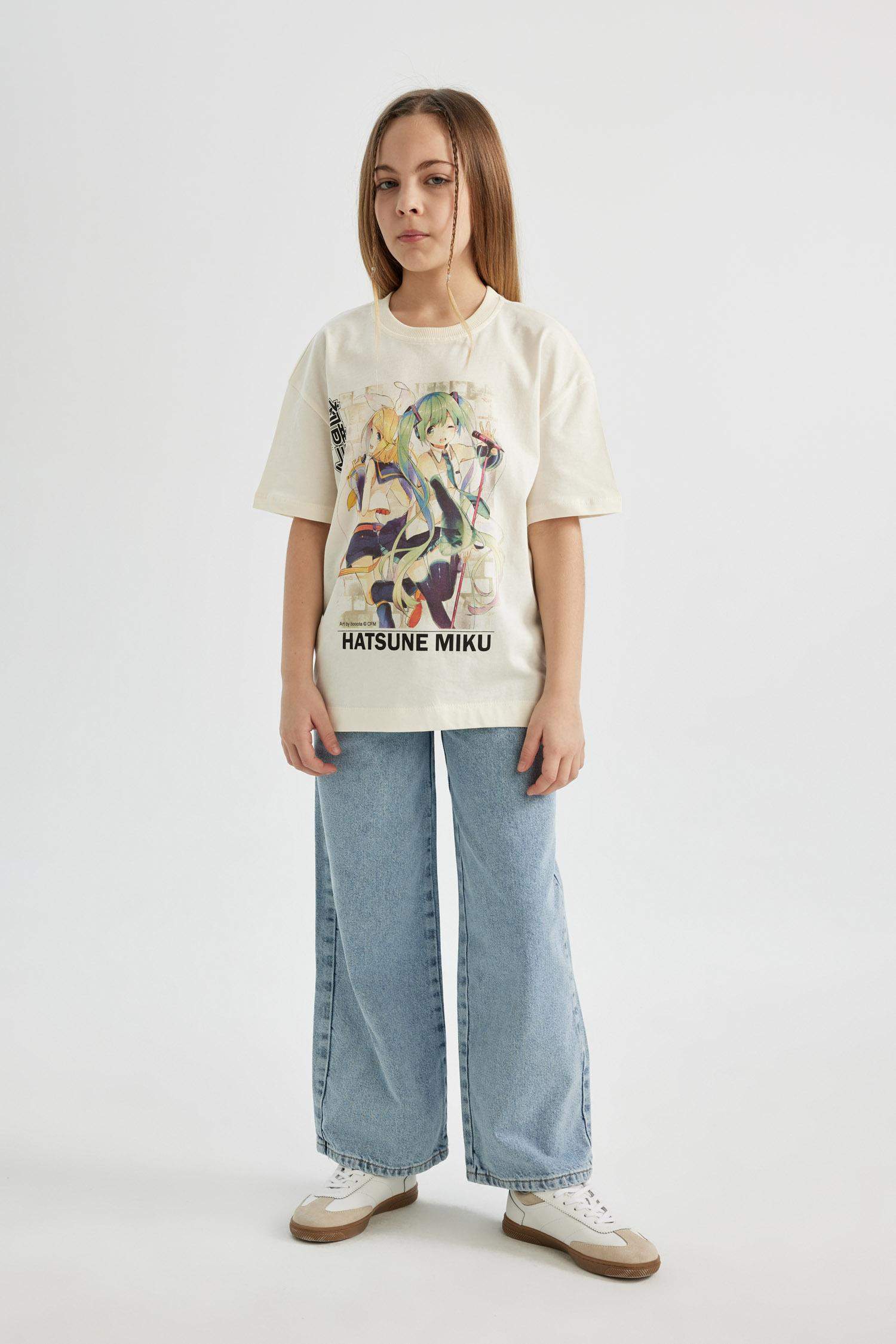 Kız Çocuk Hatsune Miku Oversize Geniş Kalıp Bisiklet Yaka Kısa Kollu Tişört