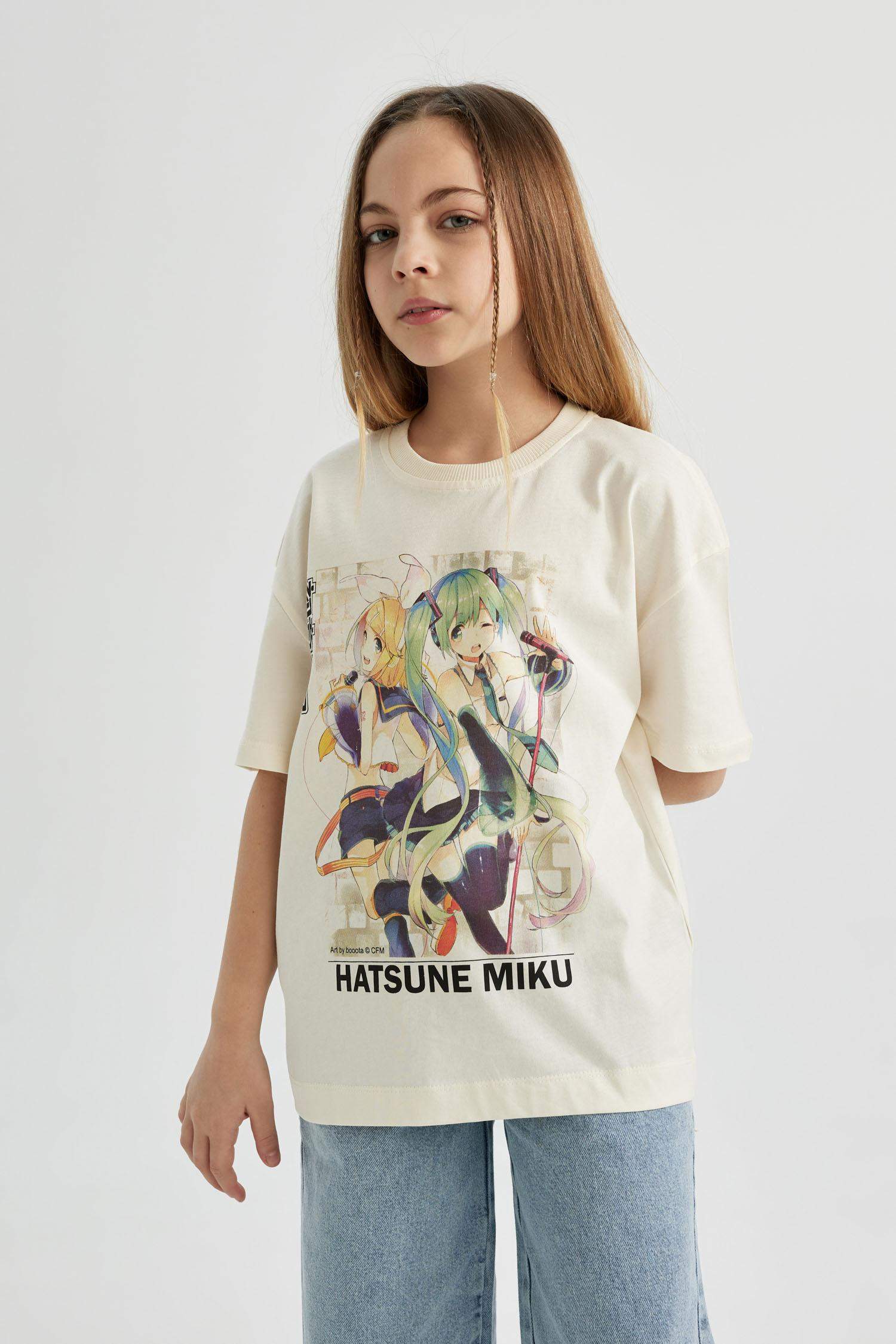 Kız Çocuk Hatsune Miku Oversize Geniş Kalıp Bisiklet Yaka Kısa Kollu Tişört