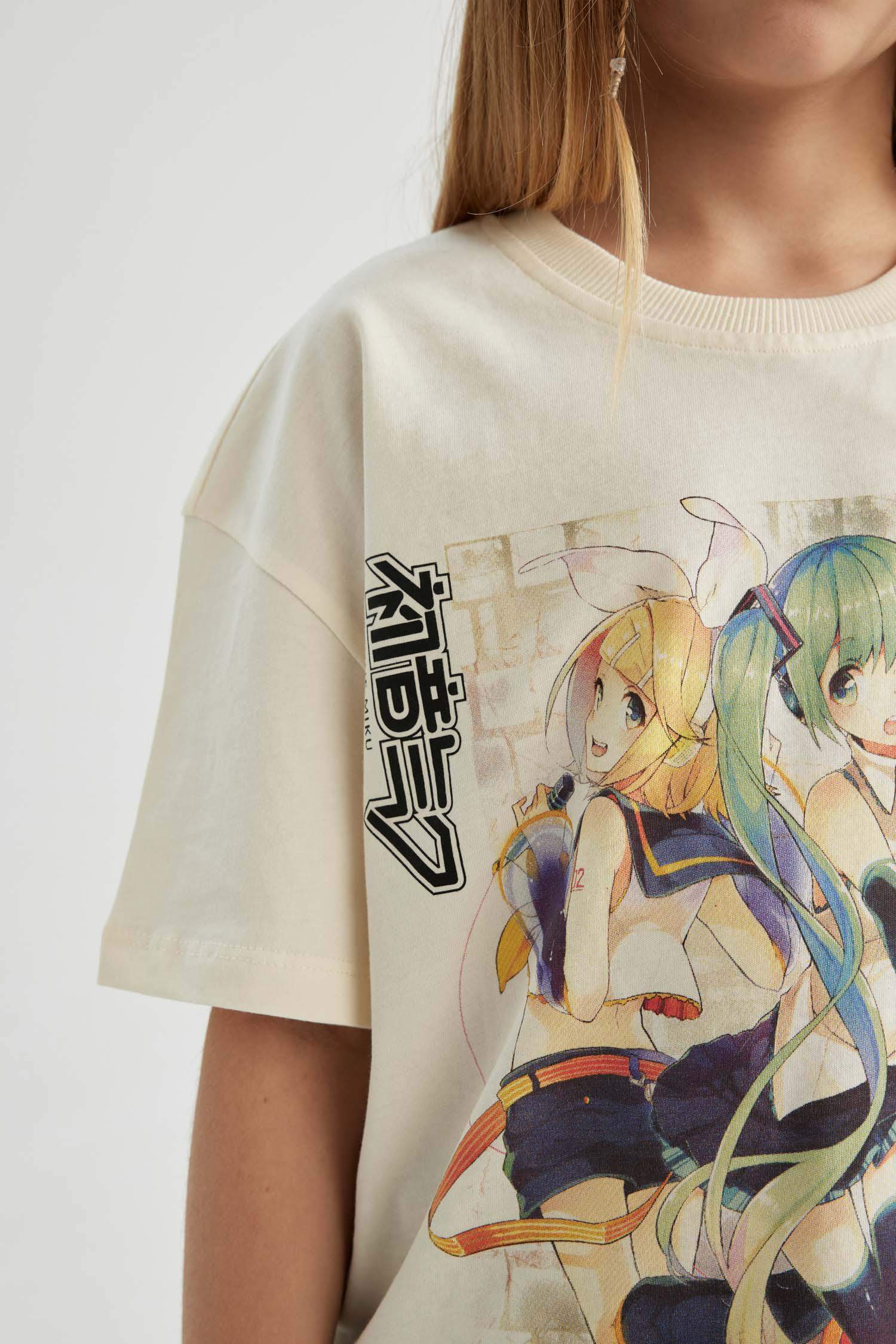 Kız Çocuk Hatsune Miku Oversize Geniş Kalıp Bisiklet Yaka Kısa Kollu Tişört