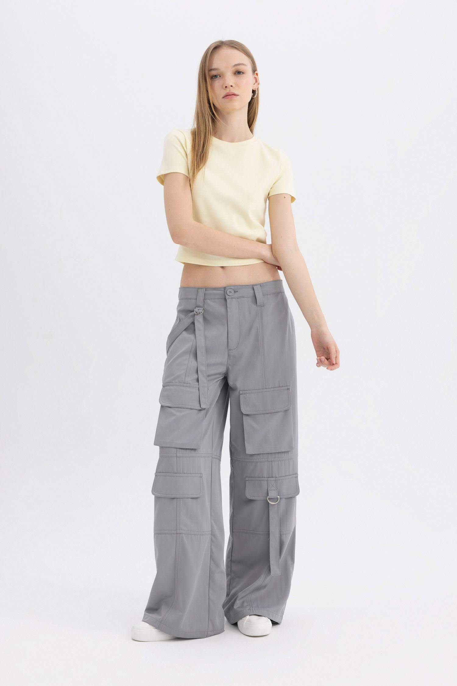 Coool Wide Leg Geniş Paça Normal Bel Pantolon Kargo Cepli Basic Düz