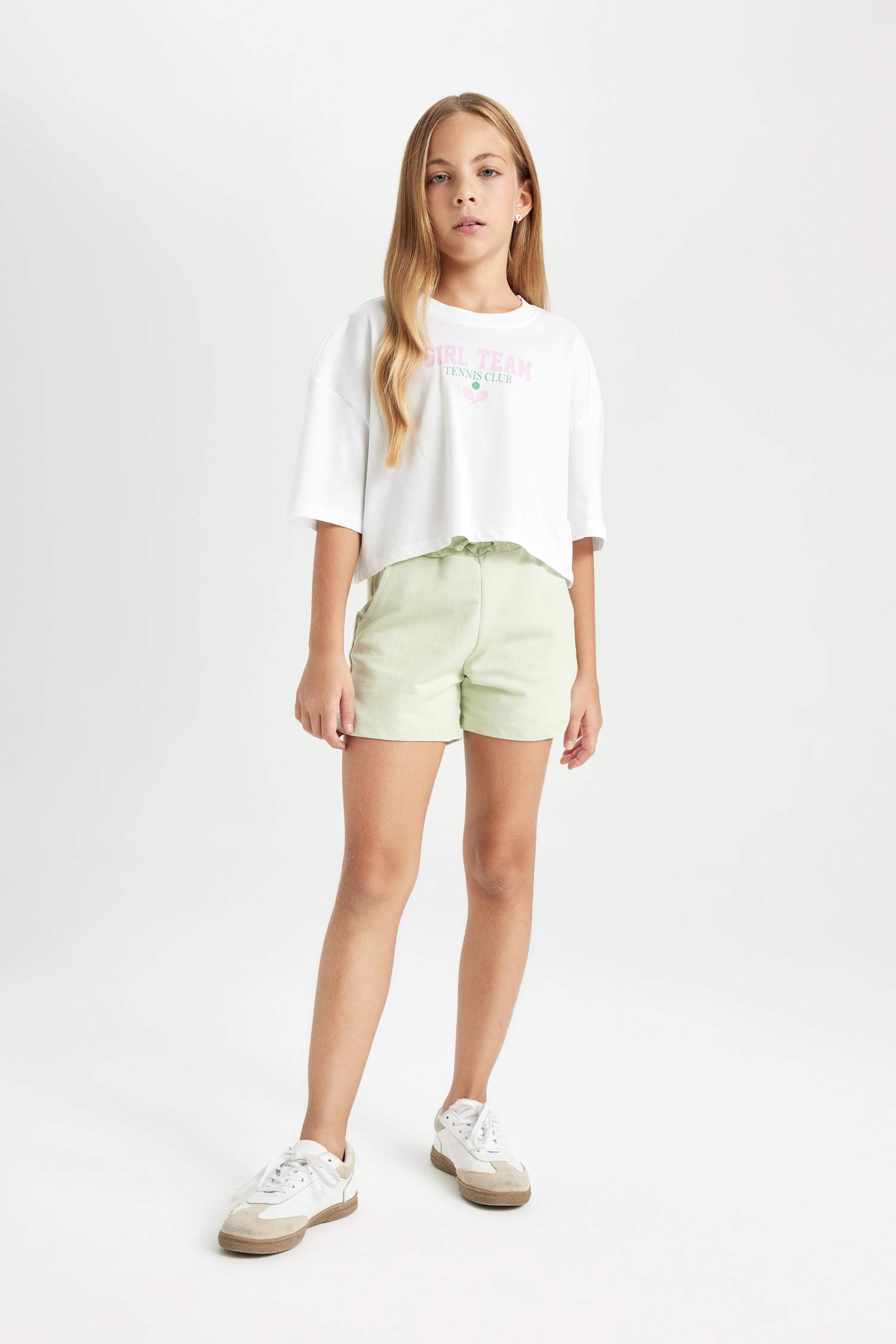 Kız Çocuk Bisiklet Yaka Baskılı Kısa Kollu Crop Tişört