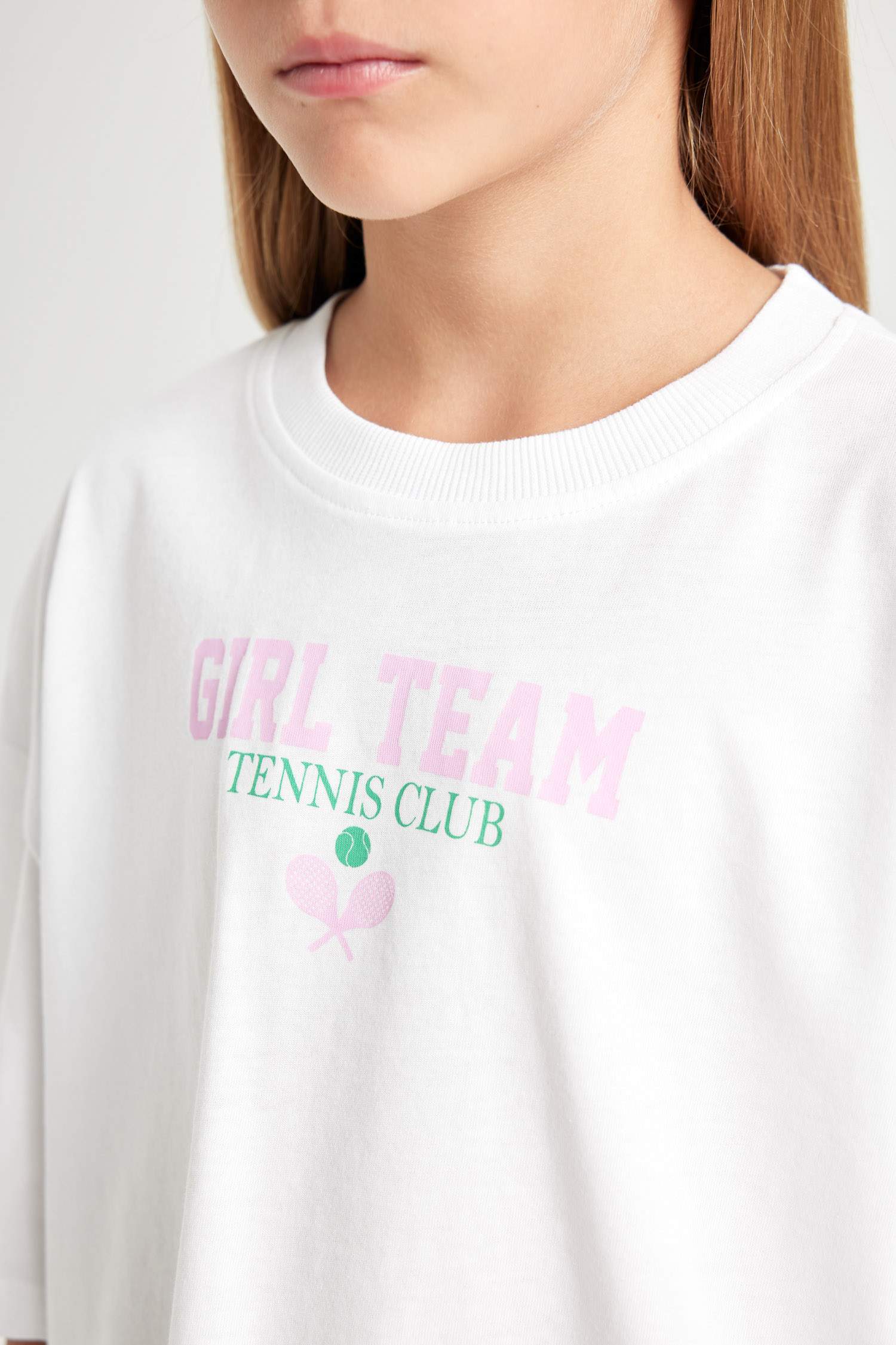 Kız Çocuk Bisiklet Yaka Baskılı Kısa Kollu Crop Tişört