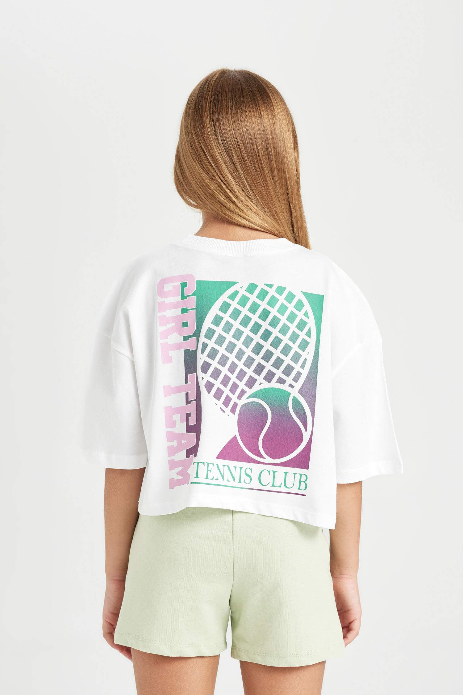 Kız Çocuk Bisiklet Yaka Baskılı Kısa Kollu Crop Tişört