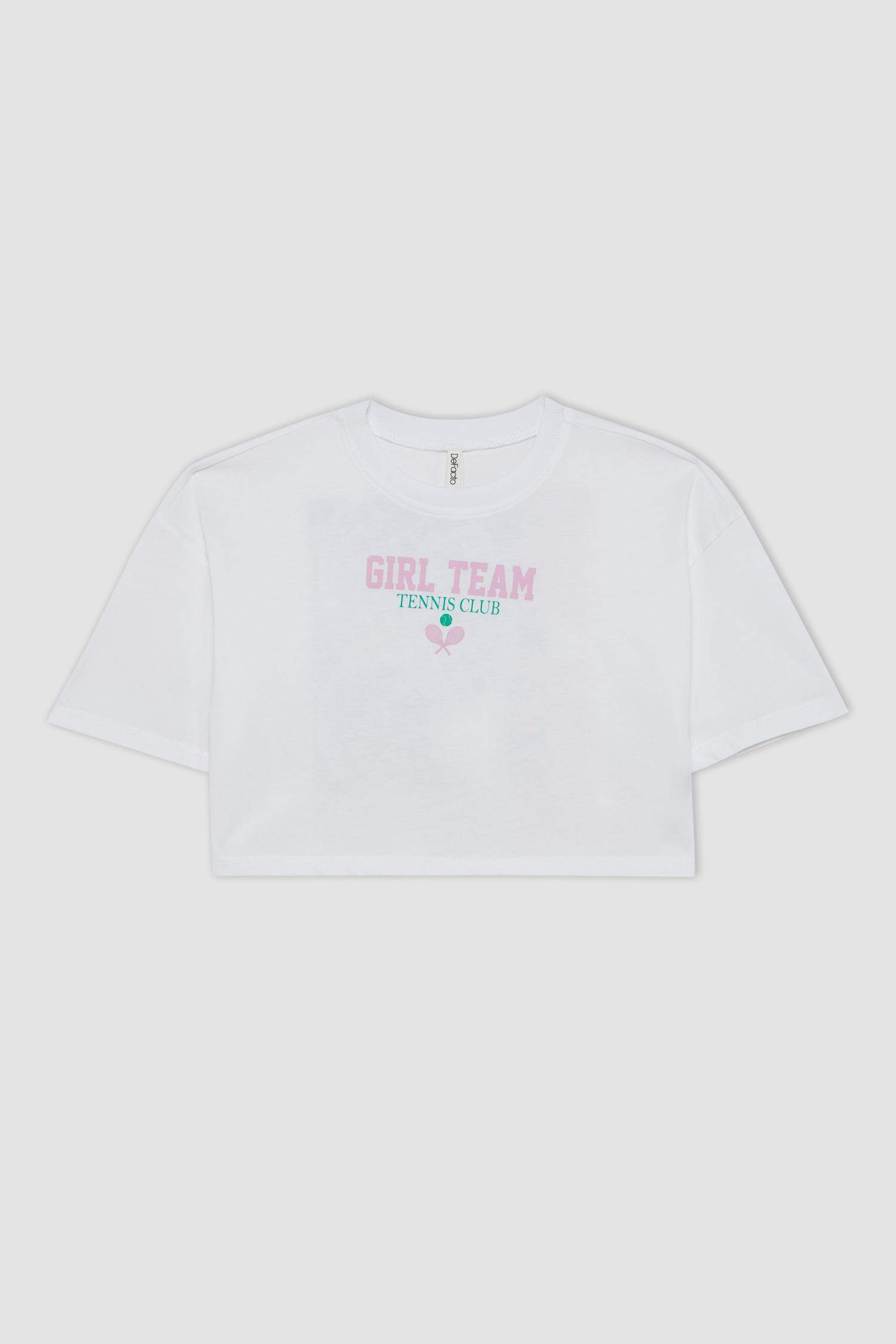 Kız Çocuk Bisiklet Yaka Baskılı Kısa Kollu Crop Tişört